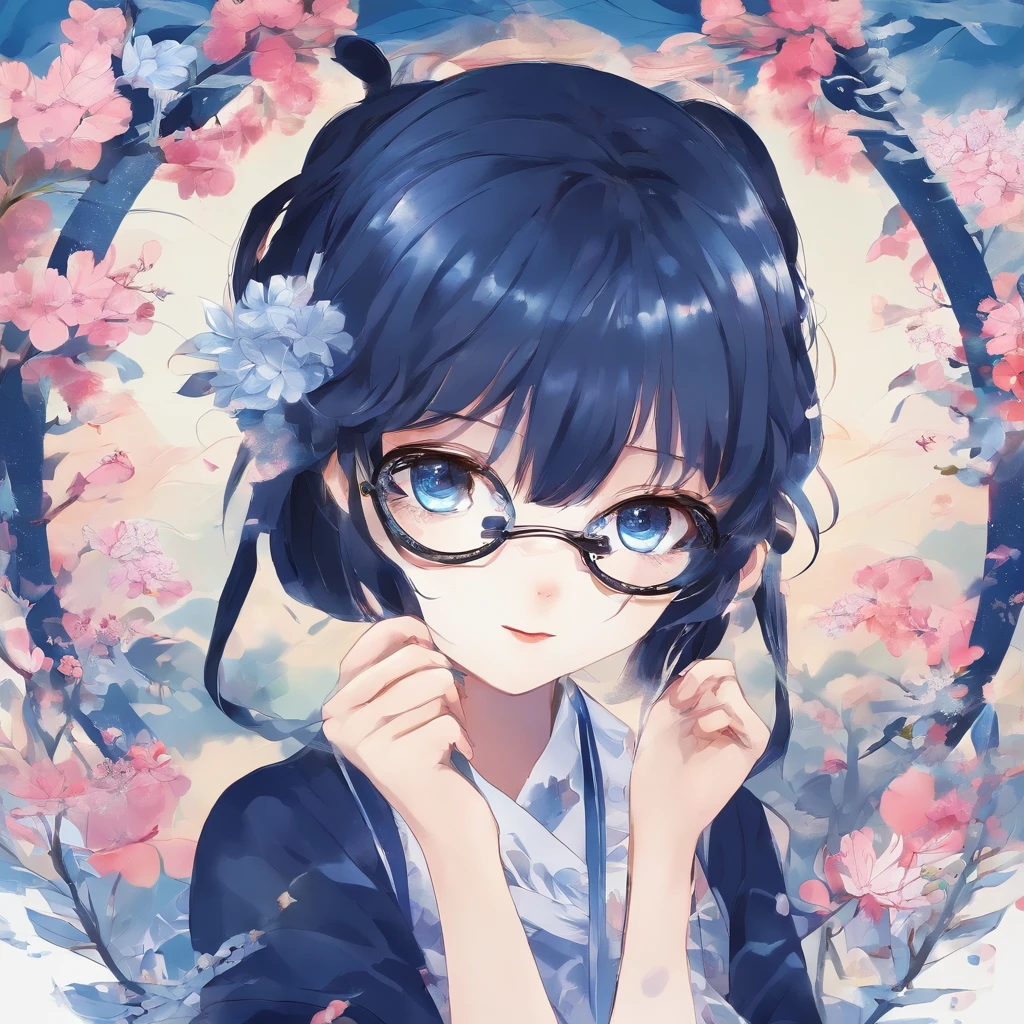 (beautiful scene:1.3) dark blue eyes, (very cute girl :1.1) round glasses, long dark blue hair, white skin, beautiful lips, small nose