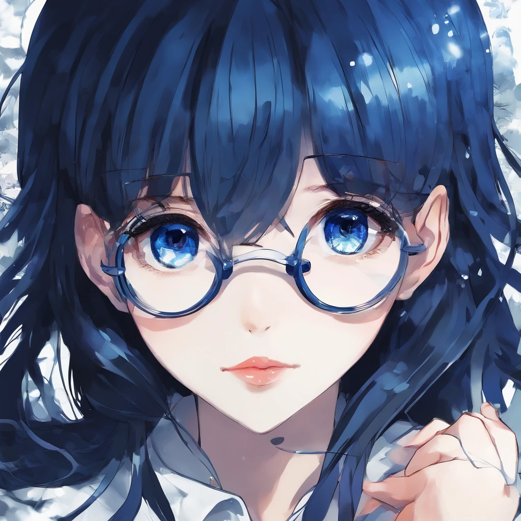 (beautiful scene:1.3) dark blue eyes, (very cute girl :1.1) round glasses, long dark blue hair, white skin, beautiful lips, small nose