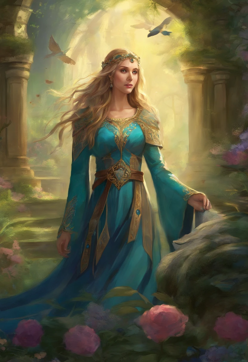 Elizabeth olsen como uma feiticeira rpg medieval,poderesa bruxa,com uma capa azul claro,e cabelos negros e ondulados e grandes,um vestido longo e olhos esmeralda. Dark mundo sombrio. Bruxa do mal.