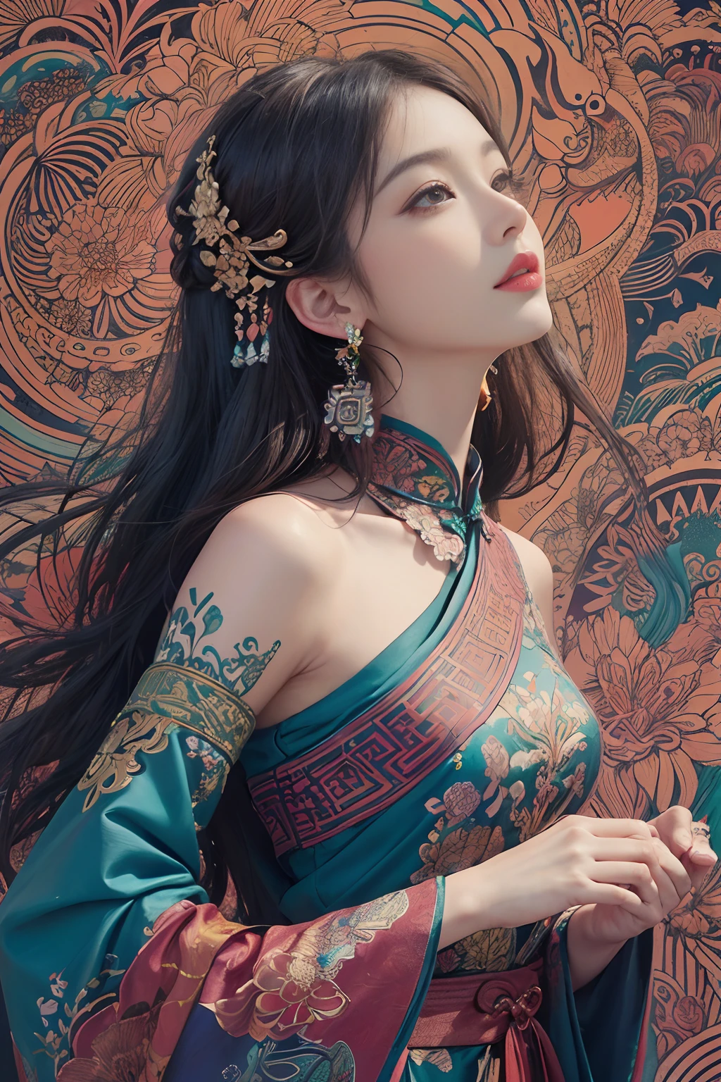 (masterpiece, top quality, best quality, official art, beautiful and aesthetic:1.2), (1girl:1.3), extremely detailed,(fractal art:1.1),(colorful:1.1)(flowers:1.3),highest detailed,(zentangle:1.2), (dynamic pose), (abstract background:1.3), (chinese Traditional cloth:1.2), (shiny skin), (many colors:1.4), ,(earrings:1.4),