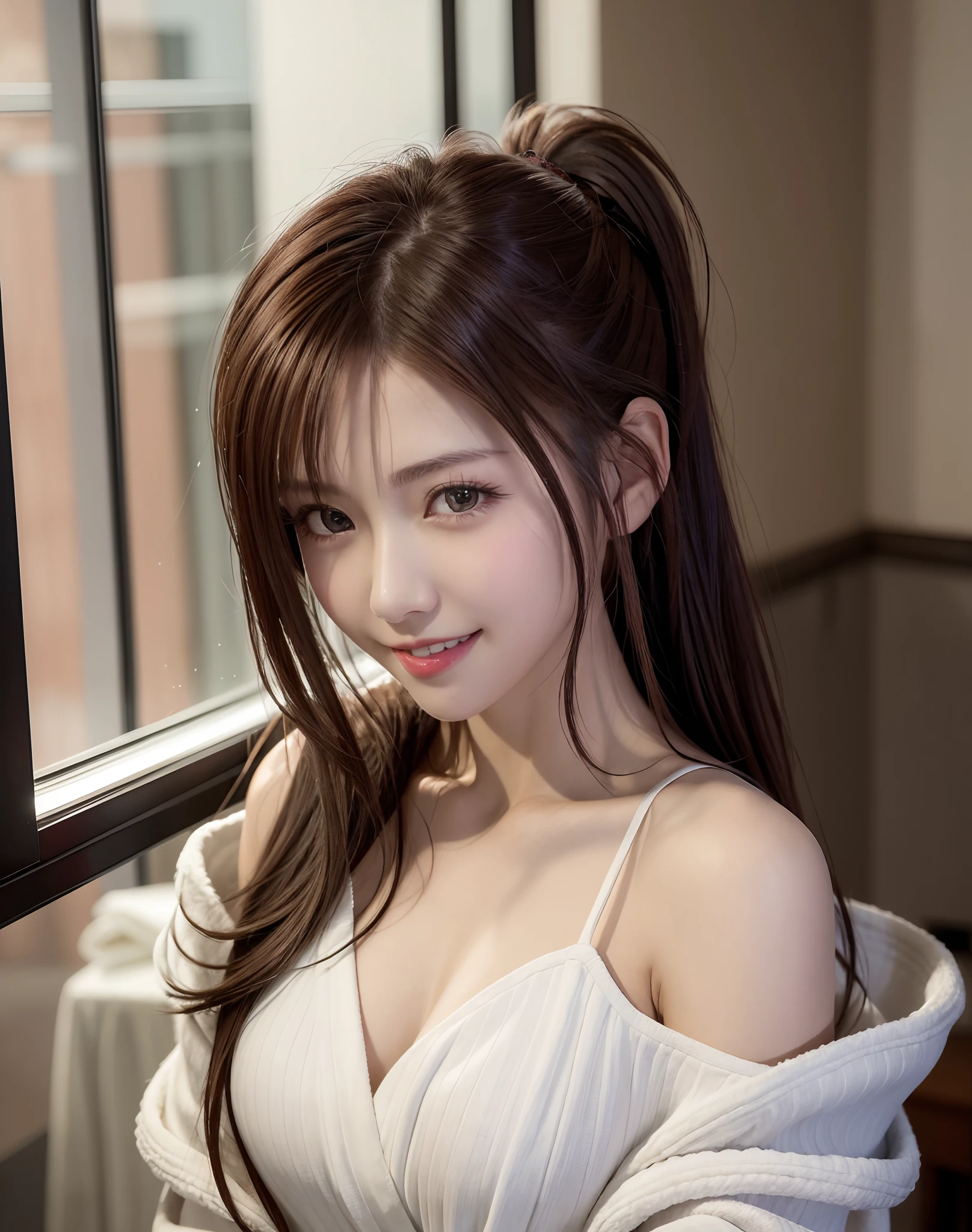 (Best Quality), (masutepiece), (High resolution), (Intricate details:0.2),(Professional Lighting), dressing gown, Detailed background,off shoulders, (Previous view), 1girl in, Solo, (Beautiful face),  Slim body, Fine skin, Smile, brown hair in a ponytail, Beautiful eyes,  look at at viewer,