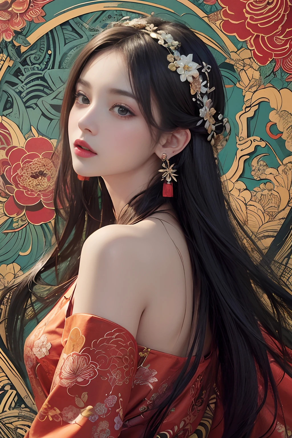 (masterpiece, top quality, best quality, official art, beautiful and aesthetic:1.2), (1girl:1.3), extremely detailed,(fractal art:1.1),(colorful:1.1)(flowers:1.3),highest detailed,(zentangle:1.2), (dynamic pose), (abstract background:1.3), (chinese Traditional cloth:1.2), (shiny skin), (many colors:1.4), ,(earrings:1.4),