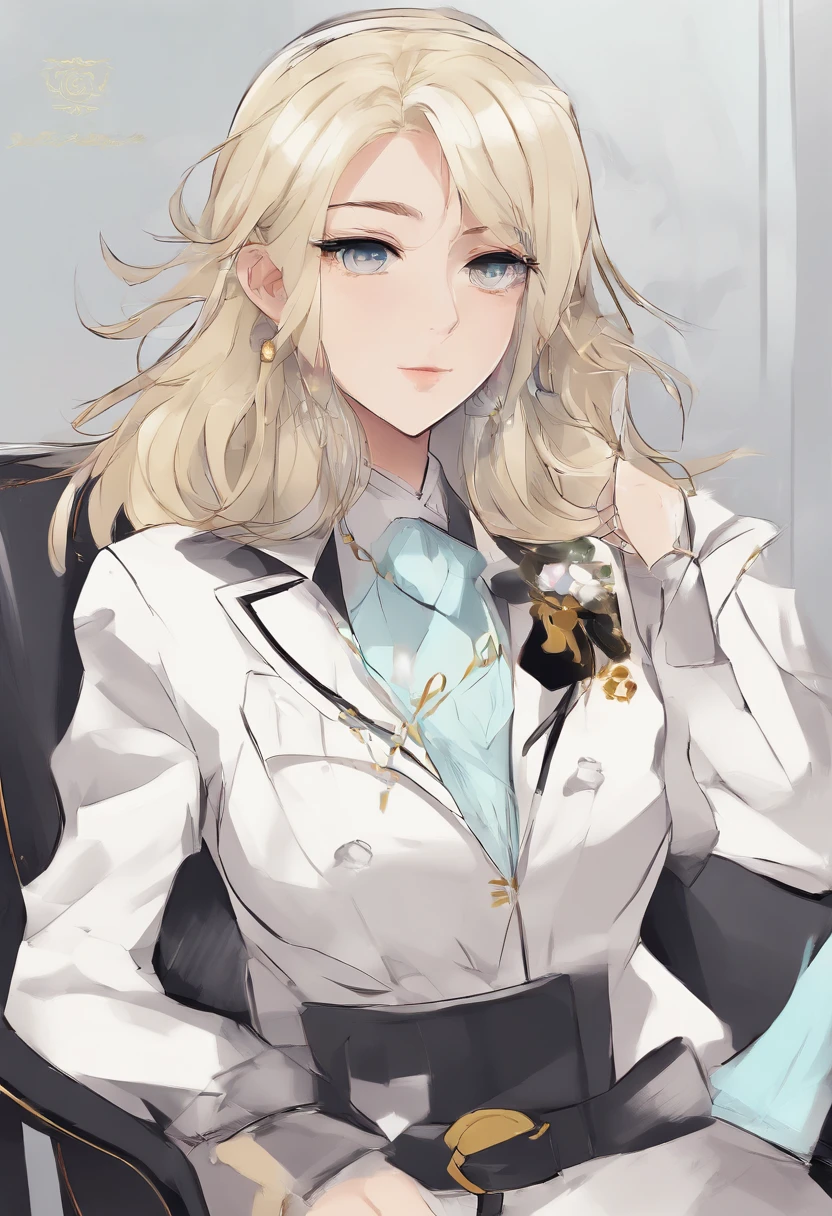 Chica de piel blanca, cabello rubio, hair with drooping under the shoulders, fleco bien recortado, ojos color cyan, Cara hermosa, Small, nariz delgada, labios hermosos y con ligero brillo labial, sonrisa presumida, Small gold earrings, uniforme escolar, blazer color blanco con bordes negros, camiseta interior blanca con detalles negros, Collar de oro, Aula en segundo plano, sentada en una mesa escolar, parte superior del cuerpo, Anime Design, alta calidad