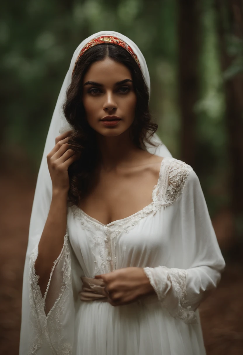 Una mujer de tez blanca con cabellos blanco parada al borde de un acantilado que denote soledad y tristesa en el ambiente, con lluvia y viento que se muestre en el cabello de la mujer