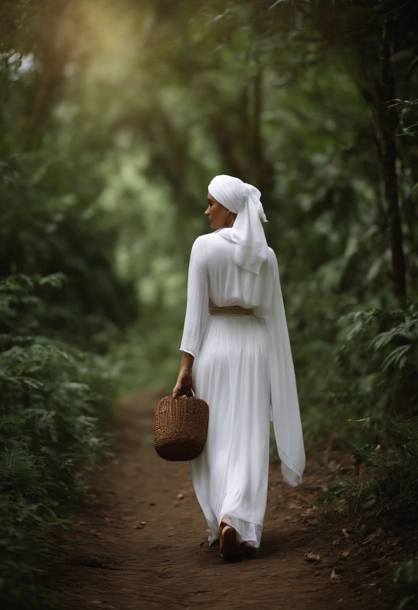uma linda negra, vestida com roupas humildes do tempo da escravatura, with headscarf and very simple white dress, floresta ambiente.