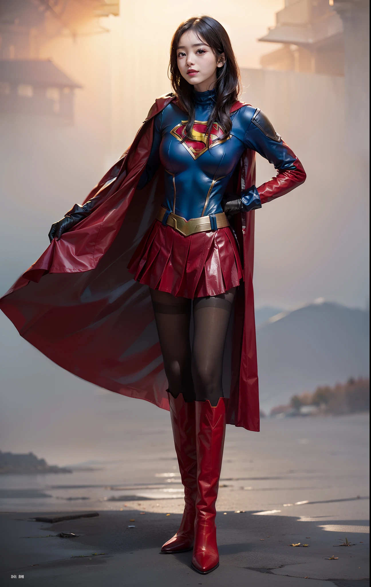 (((Make the most of the original image)))、(((Be sure to wear black tights)))、(((Supergirl Costume)))、(((lustrous dark hair)))、(((Suffering)))、(((Smiling)))、(((Be sure to wear red boots)))、(((Hung)))、((Top image quality、8K))、((top-quality、8K、masterpiece:1.3))、Crisp focus:1.2、Beautiful woman with perfect body shape:1.4、Slender Abs:1.2、((layers-Cut))、a wet body:1.5、Highly detailed facial and skin texture、Wearing red boots、