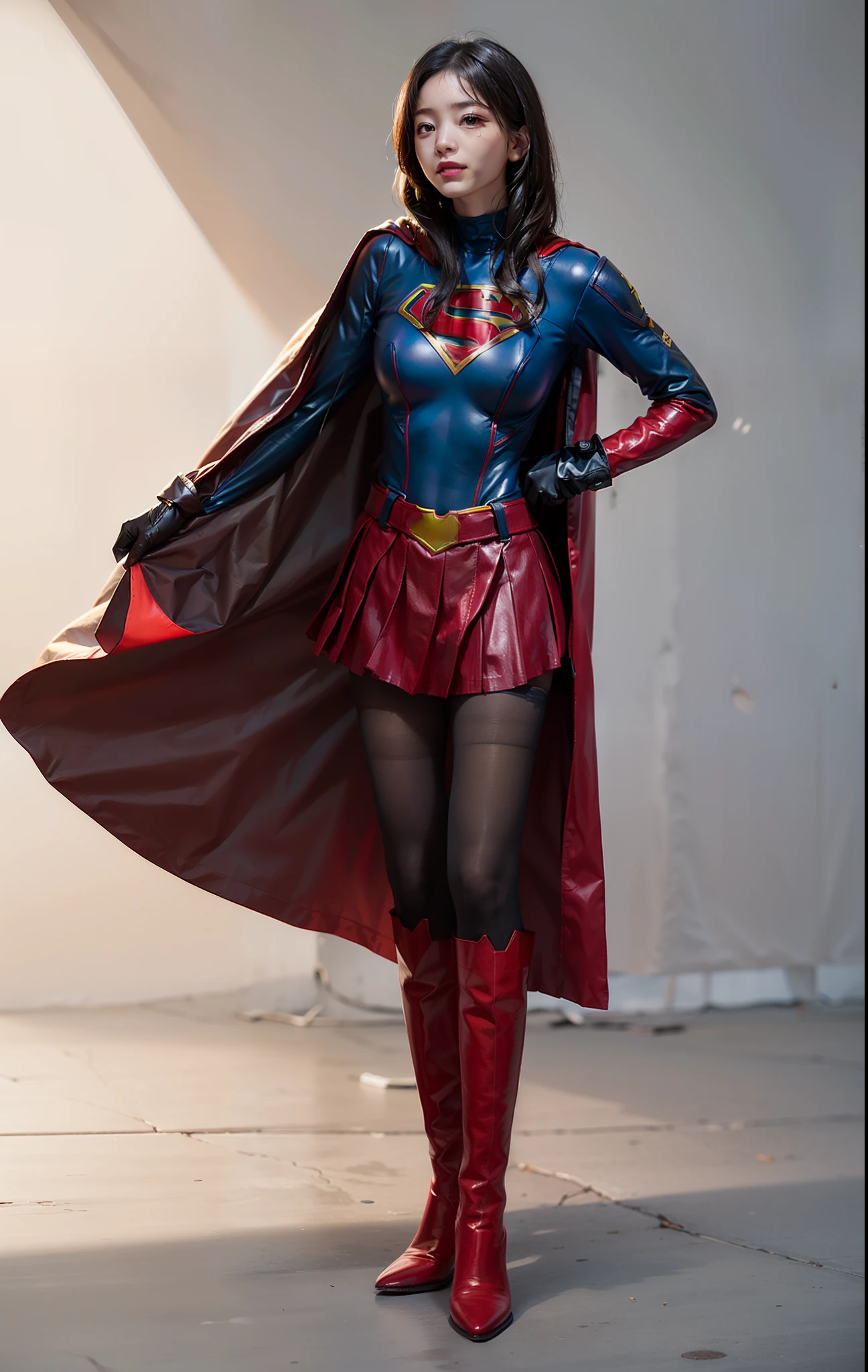 (((Make the most of the original image)))、(((Be sure to wear black tights)))、(((Supergirl Costume)))、(((lustrous dark hair)))、(((Suffering)))、(((Smiling)))、(((Be sure to wear red boots)))、(((Hung)))、((Top image quality、8K))、((top-quality、8K、​masterpiece:1.3))、Crisp focus:1.2、Beautiful woman with perfect body shape:1.4、Slender Abs:1.2、((layers-Cut))、a wet body:1.5、Highly detailed facial and skin texture、Wearing red boots、