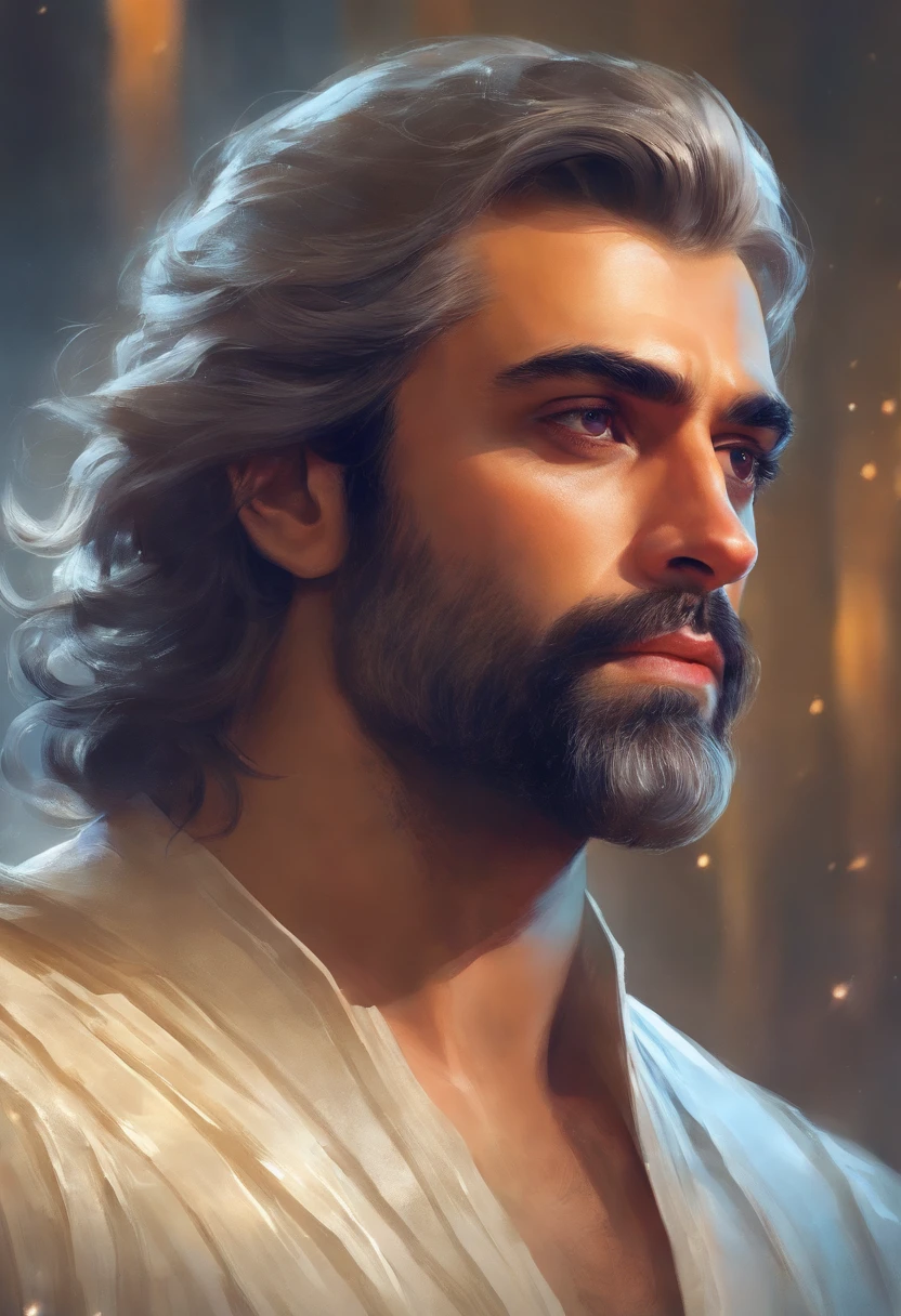 Oscar isaac,as a prince, vestindo roupas da realeza,coroa de prata com um cristal de turmalina. Olhos vidrados,uma capa real. Um manto de pelagem de lobo.