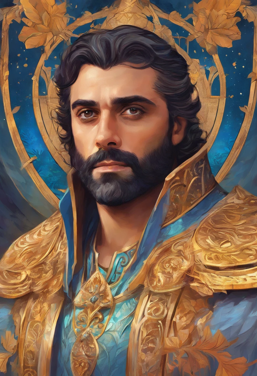Oscar isaac,as a prince, vestindo roupas da realeza,coroa de prata com um cristal de turmalina. Olhos vidrados,uma capa real. Um manto de pelagem de lobo.