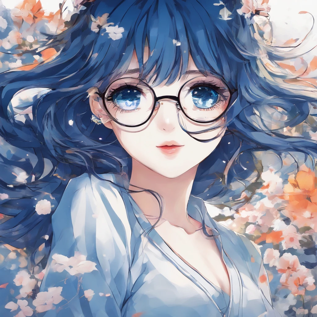 (beautiful scene:1.3) dark small blue eyes, (very cute girl :1.1) round glasses, long dark blue hair, white skin, beautiful lips, small nose