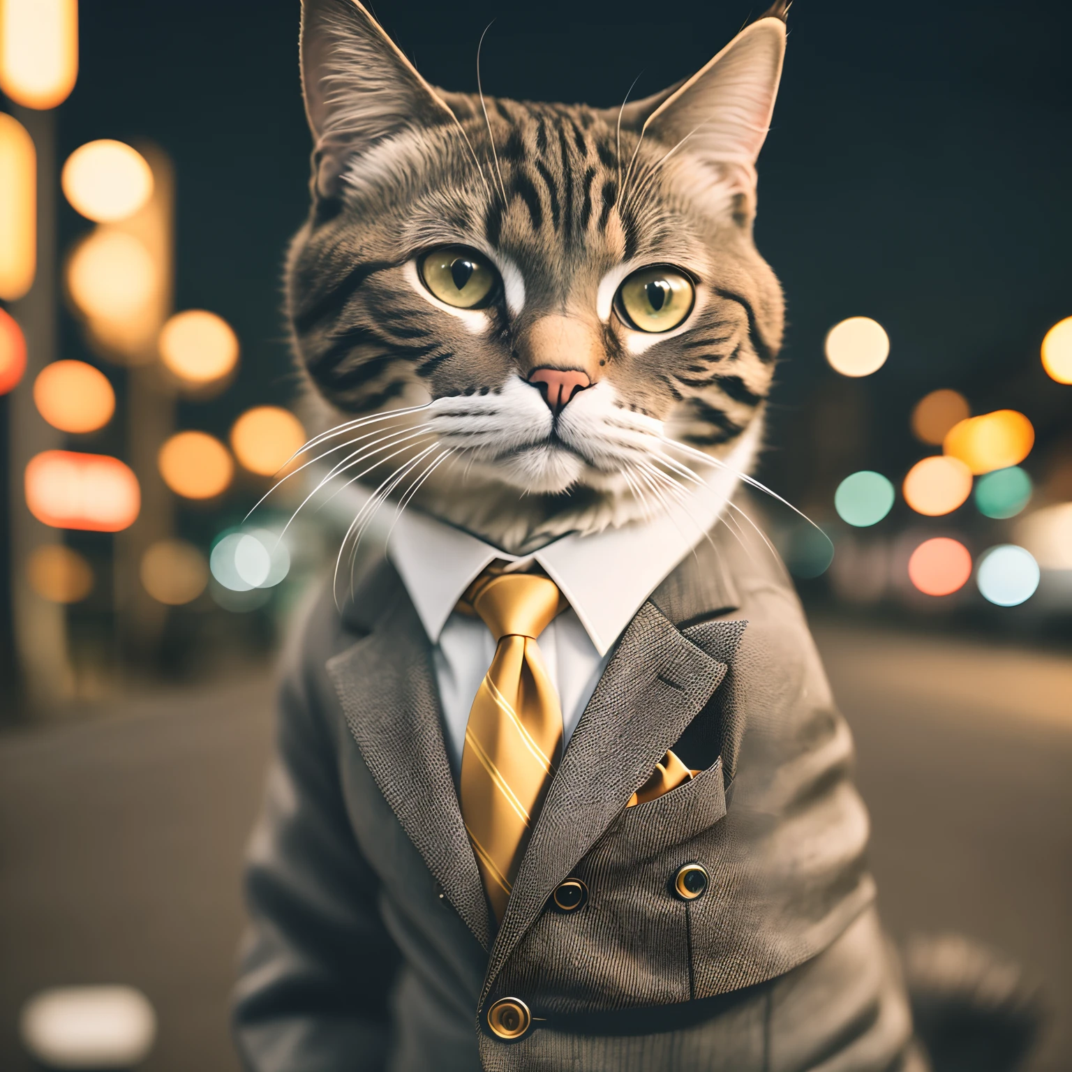 gato com jaqueta preta na cidade a noite --auto