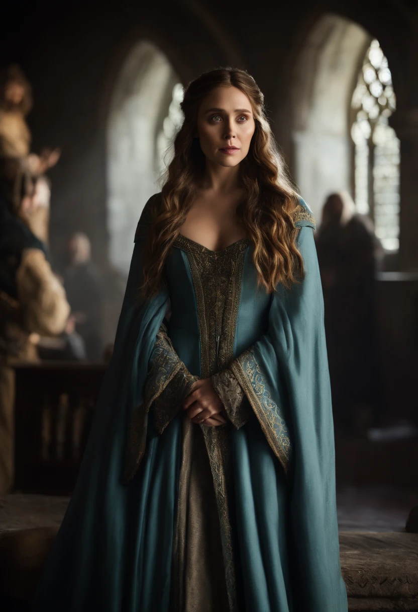 Elizabeth olsen como uma feiticeira rpg medieval,poderesa bruxa,com uma capa azul claro,e cabelos negros e ondulados e grandes,um vestido longo e olhos esmeralda. Dark mundo sombrio. Bruxa do mal.