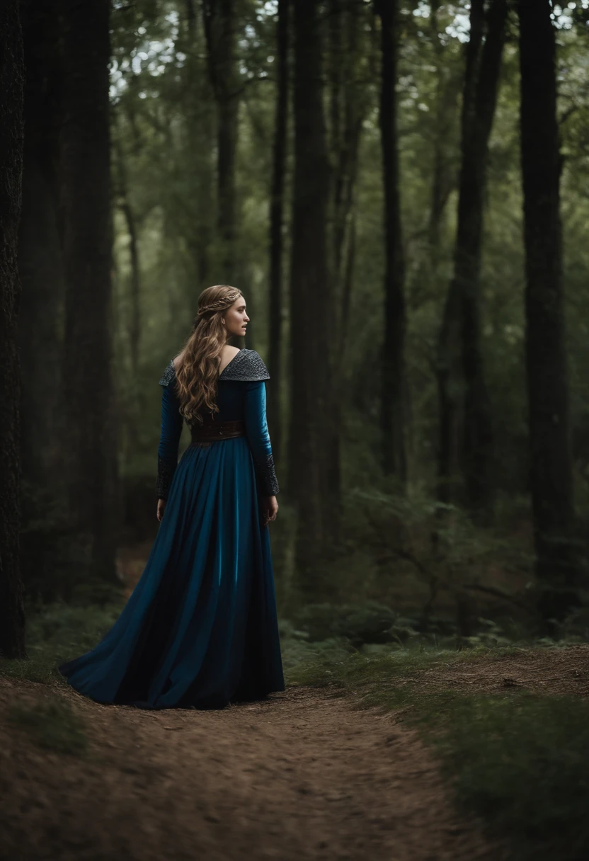 Elizabeth olsen como uma feiticeira rpg medieval,poderesa bruxa,com uma capa azul claro,e cabelos negros e ondulados e grandes,um vestido longo e olhos esmeralda. Dark mundo sombrio. Bruxa do mal.