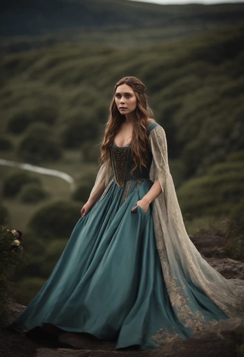 Elizabeth olsen como uma feiticeira rpg medieval,poderesa bruxa,com uma capa azul claro,e cabelos negros e ondulados e grandes,um vestido longo e olhos esmeralda. Dark mundo sombrio. Bruxa do mal.