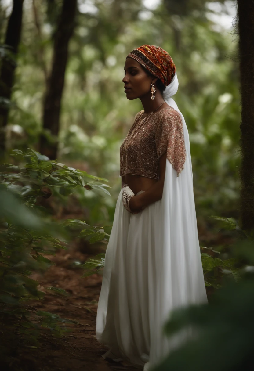 uma negra linda, vestida com roupas humildes do tempo da escravatura, with headscarf and very simple white dress, floresta ambiente.