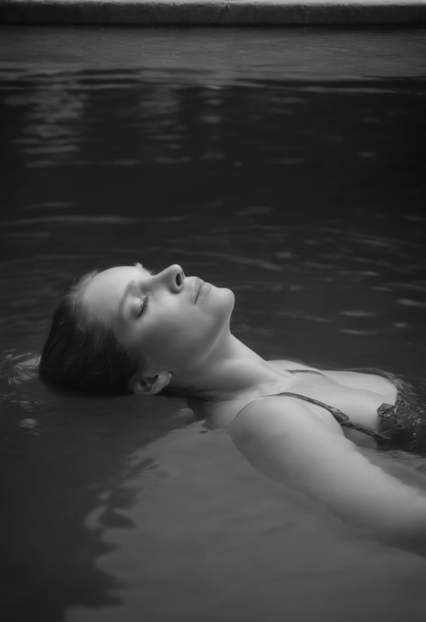 Black and white photo of a floating person in a pool, Inspired by David Octavius Hill, photogravure, inspired by Eugène Carrière, Painterism, The first ever photograph, inspired by Jean-Jacques Henner, grainy damaged photo, Hot type, Dougro type, damaged photo, author：Theodore Ribot