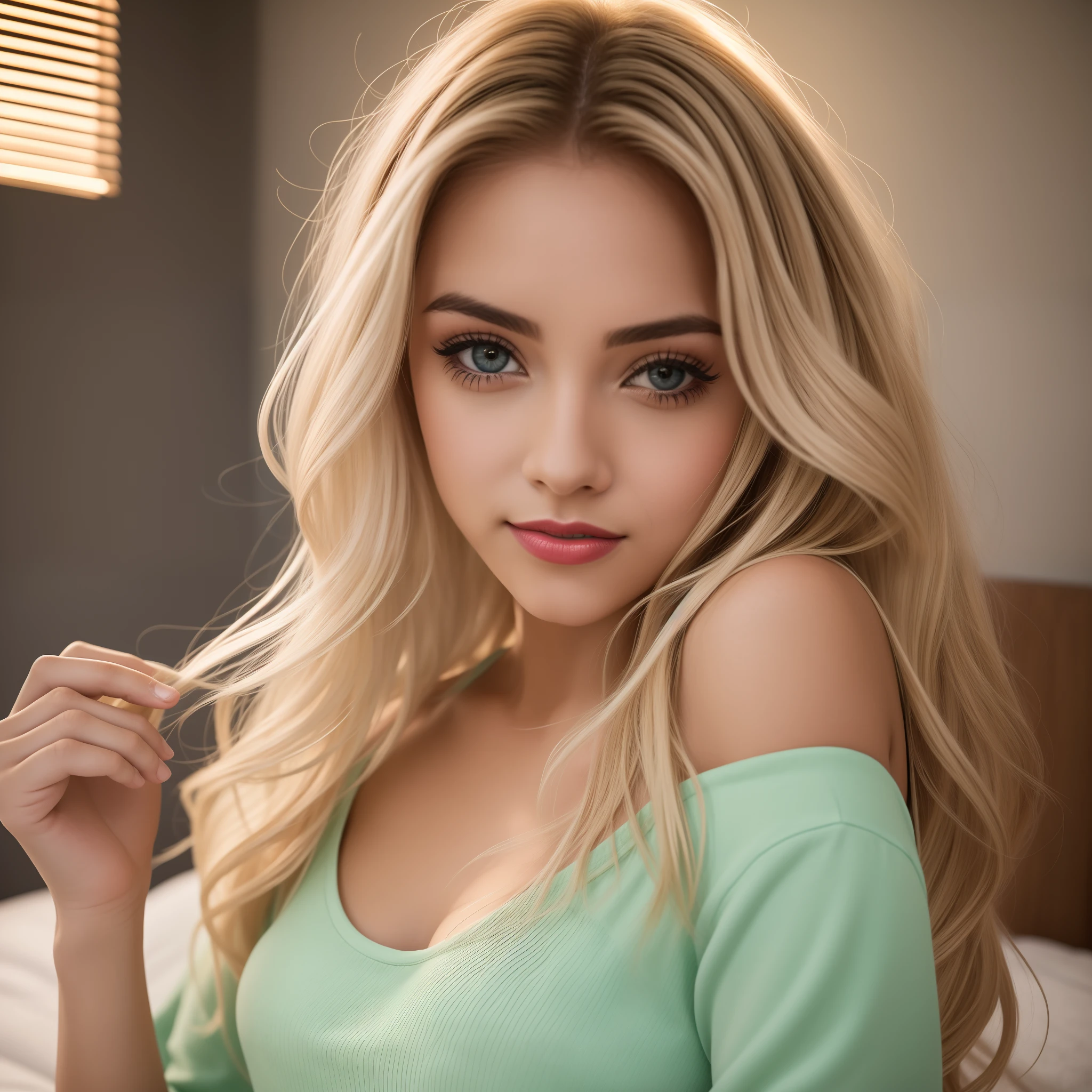 Uma mulher jovem e bonita, blonde hair that falls gently in waves up to the shoulders, altura mediana, olhos grandes e verdes, pele clara, she's in her pyjamas, ela esta em sua cama, fazendo cuidados com a pela antes de dormir, The environment is illuminated with lights of warm and pleasant colors making your hair shine, seu semblante esta naturalmente sereno, lips with red lipstick, Textura 8K, altamente detalhados, realista, soft Cinematic Light, HDR, foco nítido, obra-prima, fotorrealista, fotografia premiada, Canon EOS R5, 35 mm