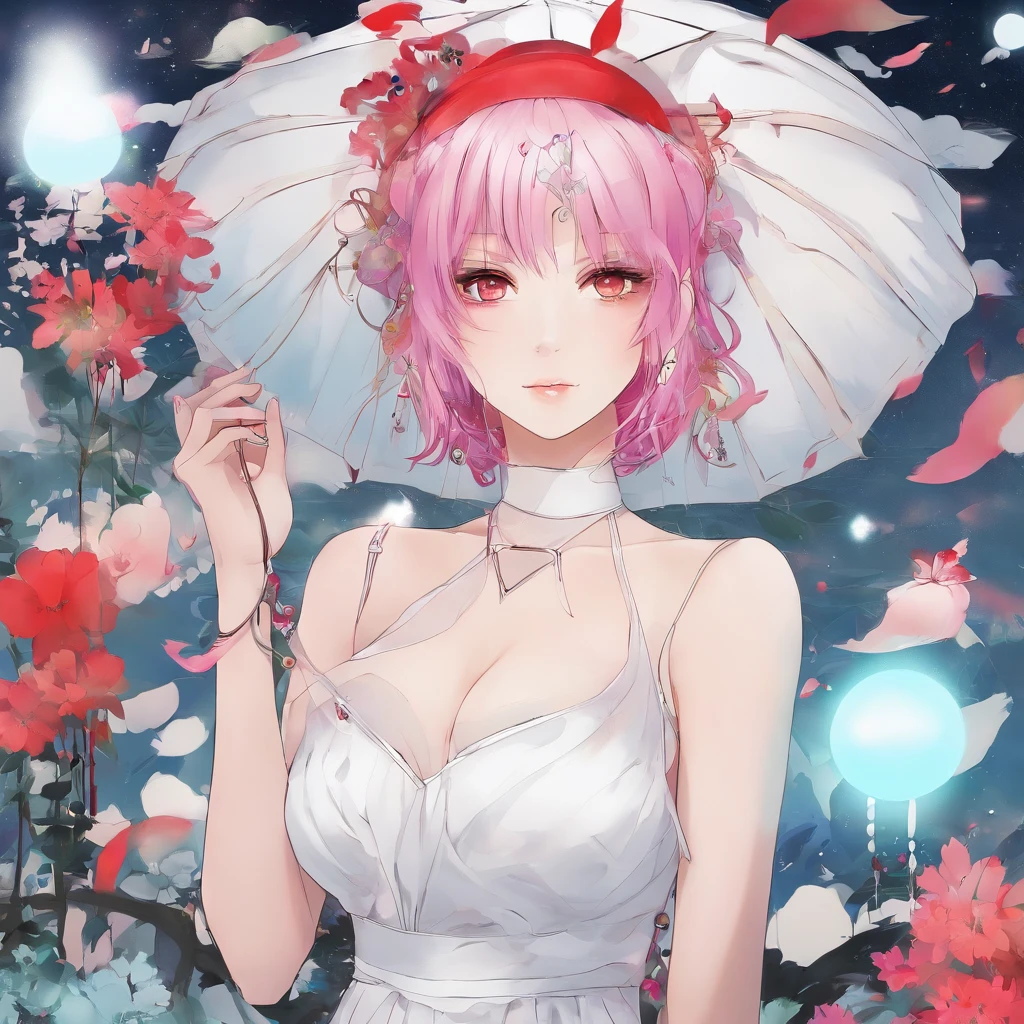 masterpiece, 1 girl, pink hair, red eyes, light blue hat, drop-shaped earrings, long white dress, small breast, average height, white skin color, black high heels