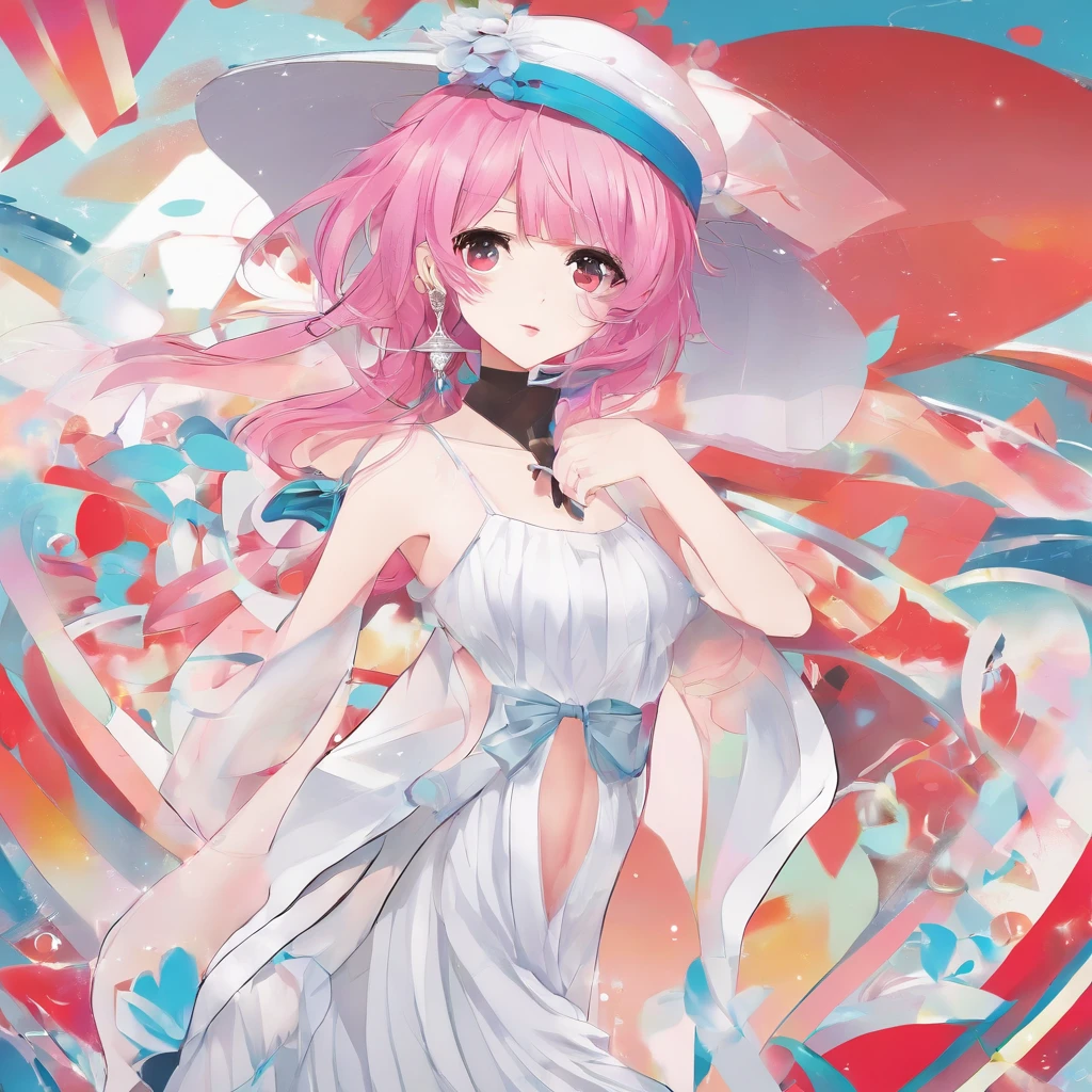 masterpiece, 1 girl, pink hair, red eyes, light blue hat, drop-shaped earrings, long white dress, small breast, average height, white skin color, black high heels