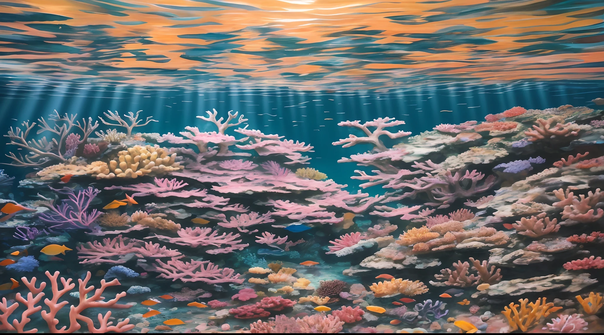Draw a picture of a coral reef，Sunlight shines through the water, tropical reef, amazing depth, the reef, the reef, incredible depth, underwater landscape, coral sea bottom, The corals, Covered with coral, colorful coral reef, Underwater scene, highly detailed 4 k painting, underwater view, Detailed sea, harmony of neon glowing coral, underwater soft colours, underwater scenery