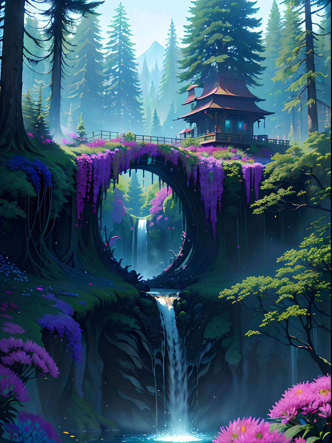 Ferrofluid, A beautiful biopunk waterfall in nature, colorful, flowers, pine trees, a suspended bridge, punk, beeple.