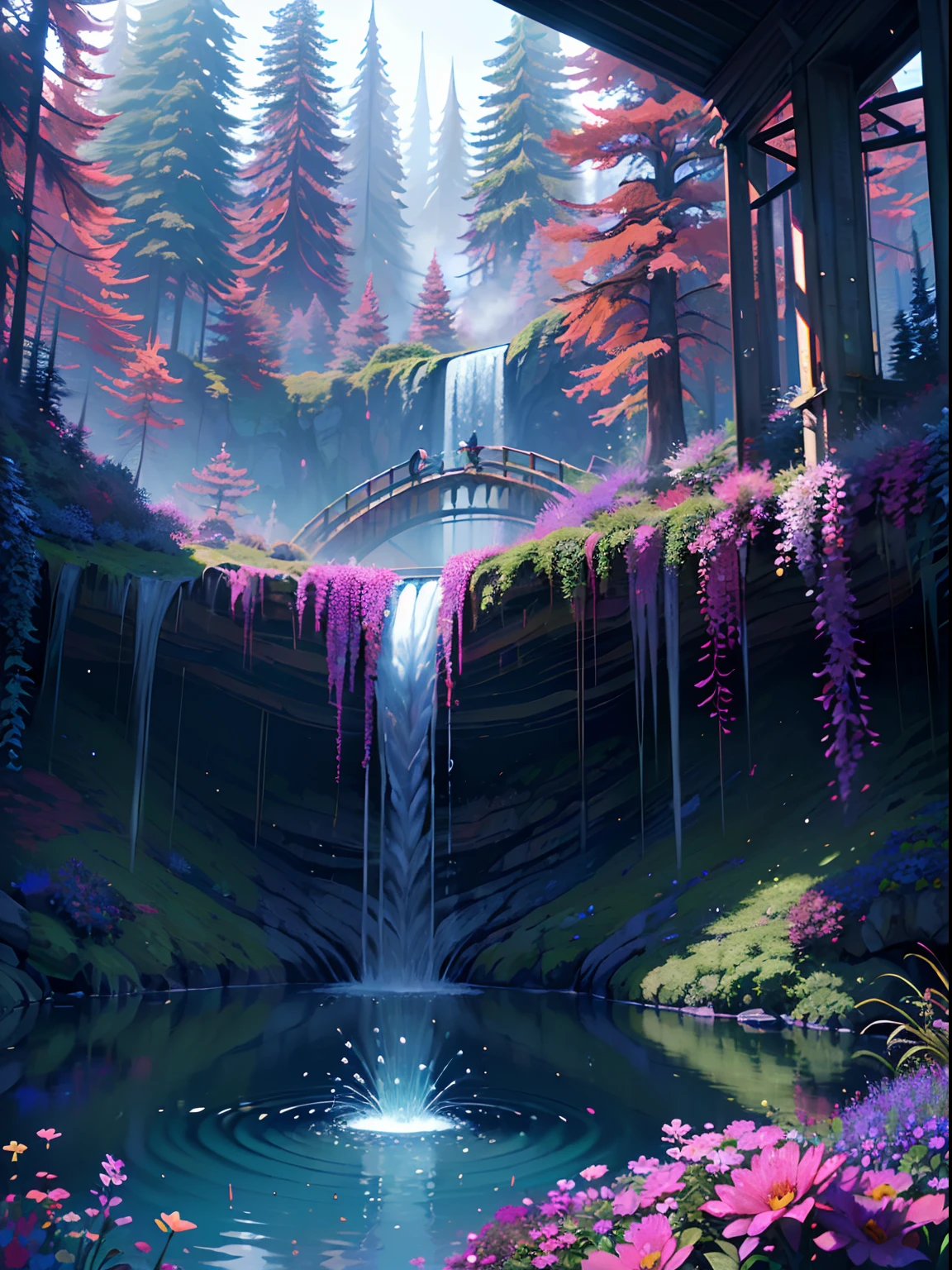 Ferrofluid, A beautiful biopunk waterfall in nature, colorful, flowers, pine trees, a suspended bridge, punk, beeple.