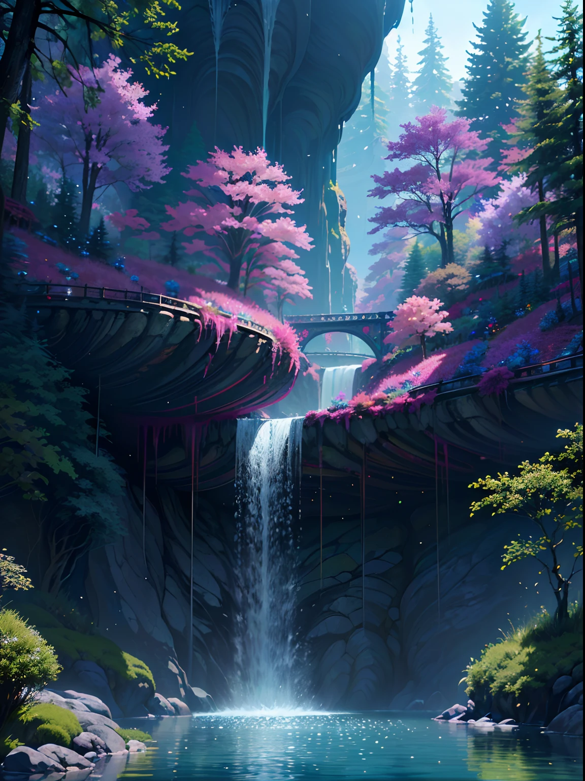 Ferrofluid, A beautiful biopunk waterfall in nature, colorful, flowers, pine trees, a suspended bridge, punk, beeple.