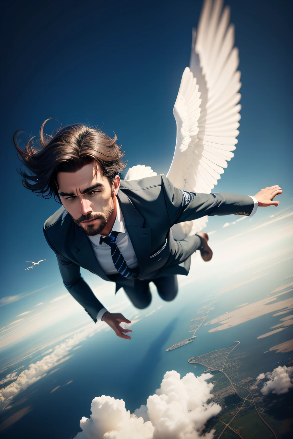 A man is flying in the sky