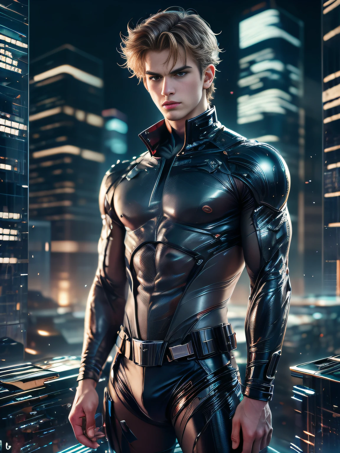 25-year-old man，a handsome，against the backdrop of a metropolis, It's dark night, Serious, hyper realisitc, young Hayden Christensen （A detailed eye：1.3），BazleColor Eye，full bodyesbian