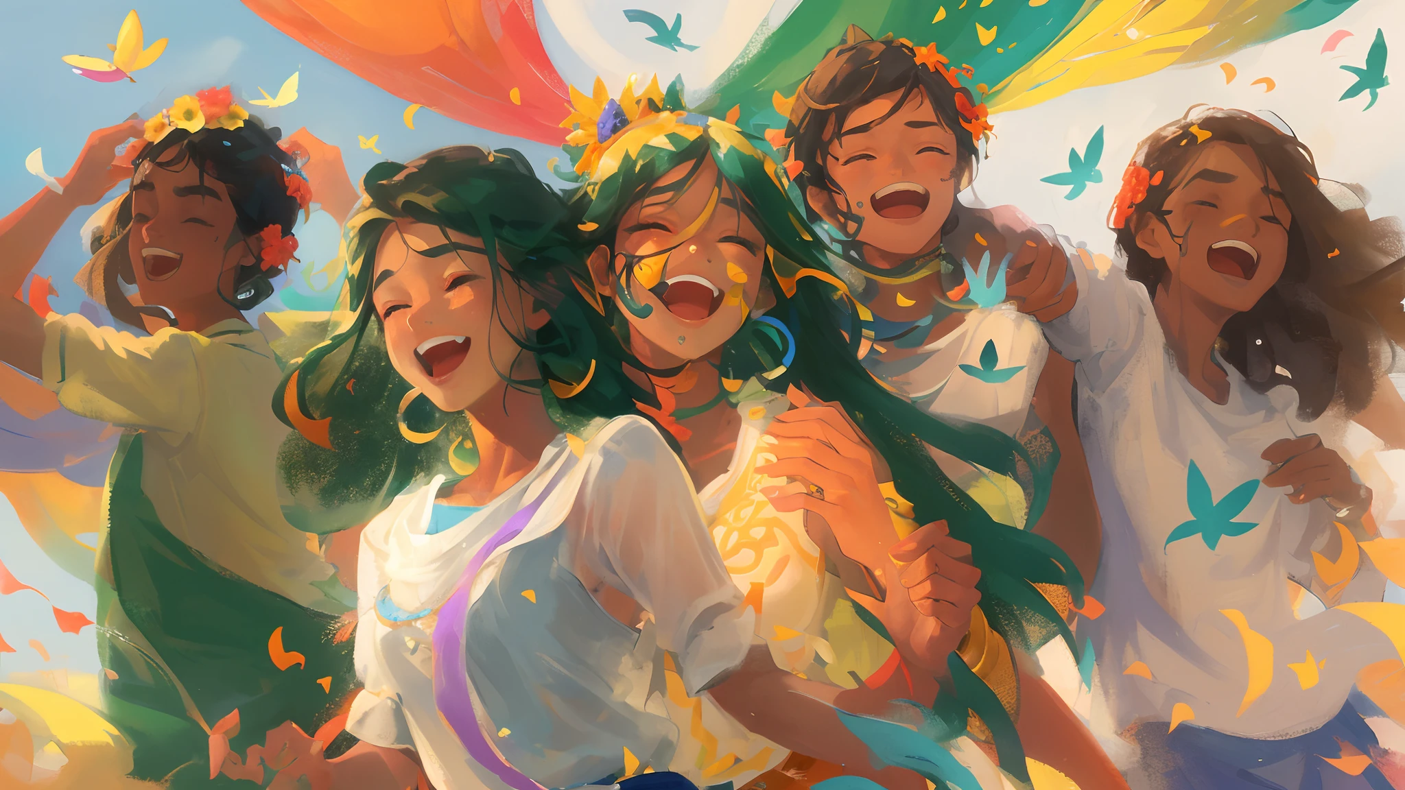 (Best Quality, Masterpiece), 6 characters , party, festival, (multicultural group of young people dancing). smiling, relaxing, carefree, fun, uninhibited, particles, wind, flowers, butterflies, bunting, spotlight, rainbow, background is modern times, --v 6