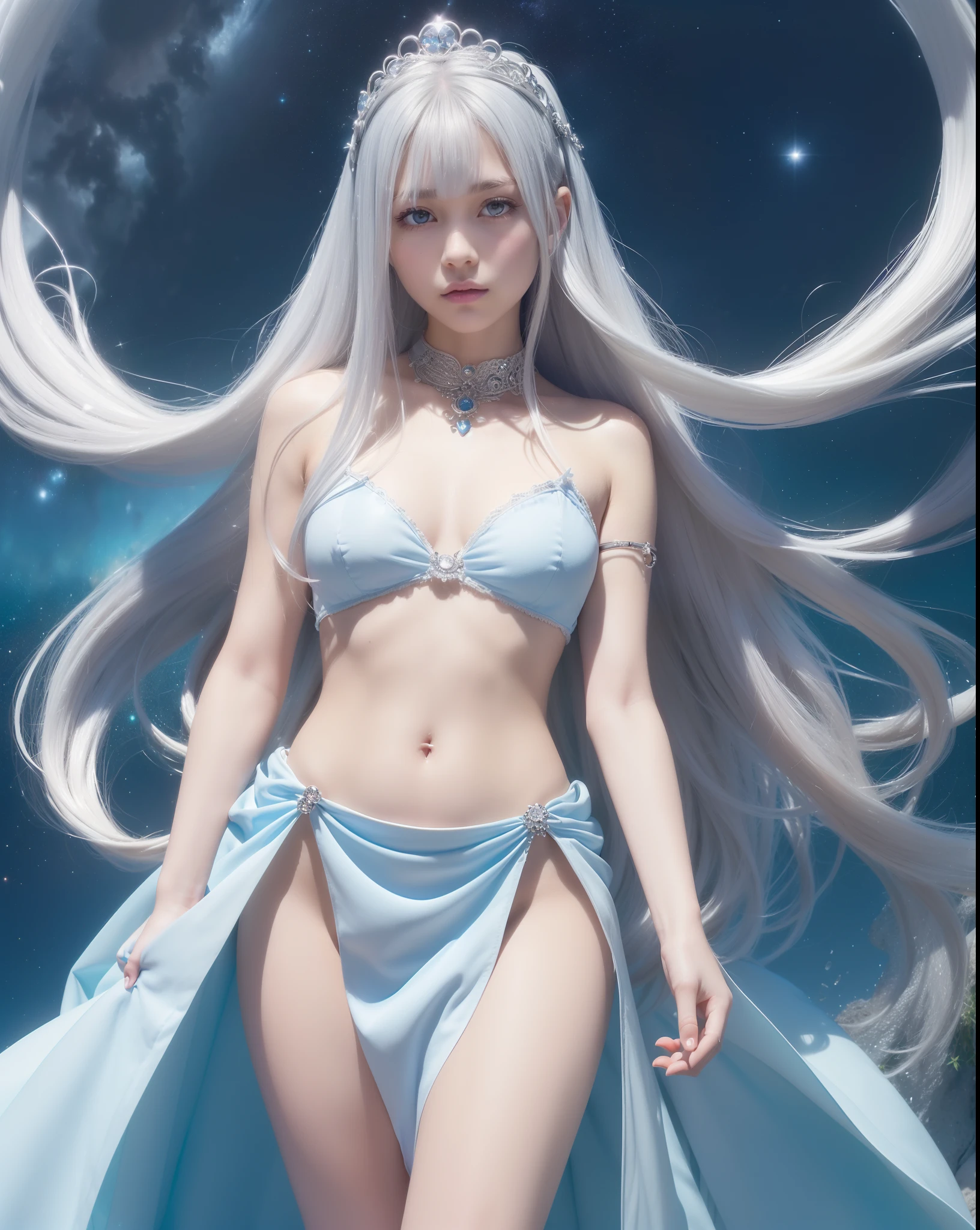 An ultra-high picture quality、(((full body Esbian)))、frontage、bilaterally symmetrical、((The background is a very dark Milky Way))、(((Planktonic)))、colourfull、muitoﾘｱﾙHuman texture、 ((( very cute beautiful skinny prague white girl)))、((Very white skin of a 14-year-old uca girlth blood vessels showing through))、(((very long and high nose of a white woman,,,,,,,,,,,,,,,,,,,,,,,,,,,,,,,,,,,,,,,,,,,,,,,,,,,,,,,,,,,,,,,,,,,,,,,,,,,,,,,,,,,,,,,,,,,,,,,,,,,,,,,,,,,,,,)))、(((Under the short nose)))、(((no-makeup)))、( Height 164 cm、head length 20 cm、leg length 82 centimeters,)、Normal shoulder width、Long arms、(((Long Torso)))、long neck、Long below the knee、Thin little face、Natural double eyelids、 (1girl in:1.3),  Light persona, Dark Persona, mind control, fractral, ceiling, Artistic background, Geometric, organics, blessings, favor, noble, unfolded, elucidation, antigravity, Antimatter, holy, Sacred, spiritual, Dignified, Luminescent, Holographic, About Magic Circle, photons, scales, Beak,(artistic)、(((The most fantastic bright light blue eyebrows))),,(((Ultra high resolution pale light blue silver hair and silky thin shiny eyebrows,,)))、(((Super luxurious see-through Western style long dress with plenty of luxury accessories)))、(((Beautiful white skin with hair and pores,)))、(((Extremely delicate and brightly colored targets)))、(((Beautiful glowing caucasian woman with bright light blue iris iris eye with ultra high definition pattern)))、(((I love you))),(((Small drooping eyes with a gentle feeling)))、(((very thin eyelashes,,,,,,,,,,)))、(((Realistic naked eye)))、High Definition Lip、(((Cute girlish hairstyle spreads softly.............................................................)))、(((A Princess)))、(((large chest directed upwards in a very three-dimensional pointed shape,,,,,,,,,,,,,,,,,,,,,,,,,,,,,,,,,,,,,,,,,,,,,,,,,,,,,,,,,,,,,,,,,,,,,,,,,,,,,,,,,,,,,,,,,,,,,,,,,,,,,,,,,,,,,,,,,,,,,,,,,)))、(((Dreams)))、(((Your imagination)))、(((Fluffy High Half Twin T