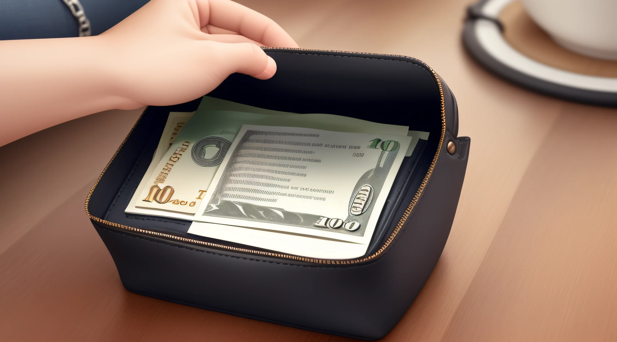 Represent someone setting aside part of their money in a purse marked "10%" and another part being spent, demonstrating the idea of saving 10% of earnings, 4K REALISTIC