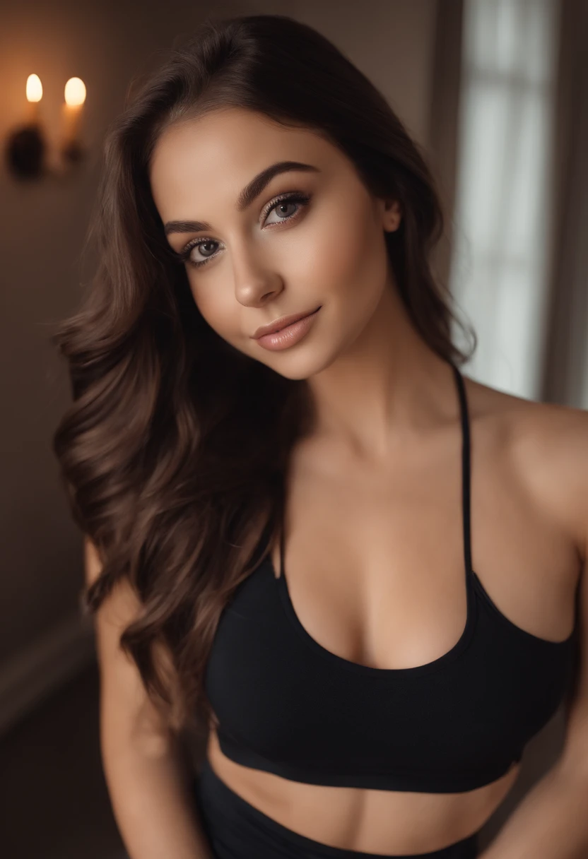 arafed woman with matching tank top and panties, sexy girl with brown eyes, portrait sophie mudd, brown hair and large eyes, selfie of a young woman, bedroom eyes, violet myers, without makeup, natural makeup, looking directly at the camera, face with artgram, subtle makeup, stunning full body shot, in bedroom, cleavage, naked