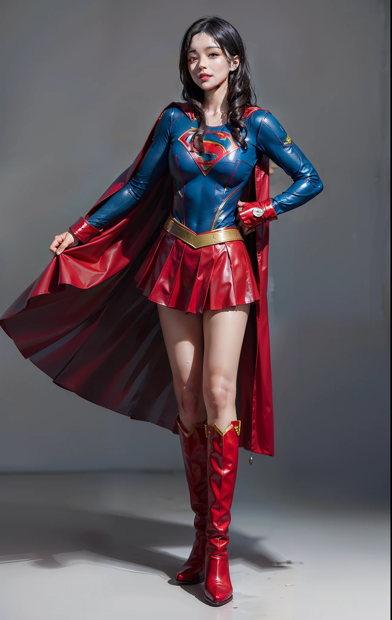 (((Make the most of the original image)))、(((Be sure to wear black tights)))、(((Supergirl Costume)))、(((lustrous dark hair)))、(((Suffering)))、(((Smiling)))、(((Be sure to wear red boots)))、(((Hung)))、((Top image quality、8K))、((top-quality、8K、masterpiece:1.3))、Crisp focus:1.2、Beautiful woman with perfect body shape:1.4、Slender Abs:1.2、((layers-Cut))、a wet body:1.5、Highly detailed facial and skin texture、Wearing red boots、