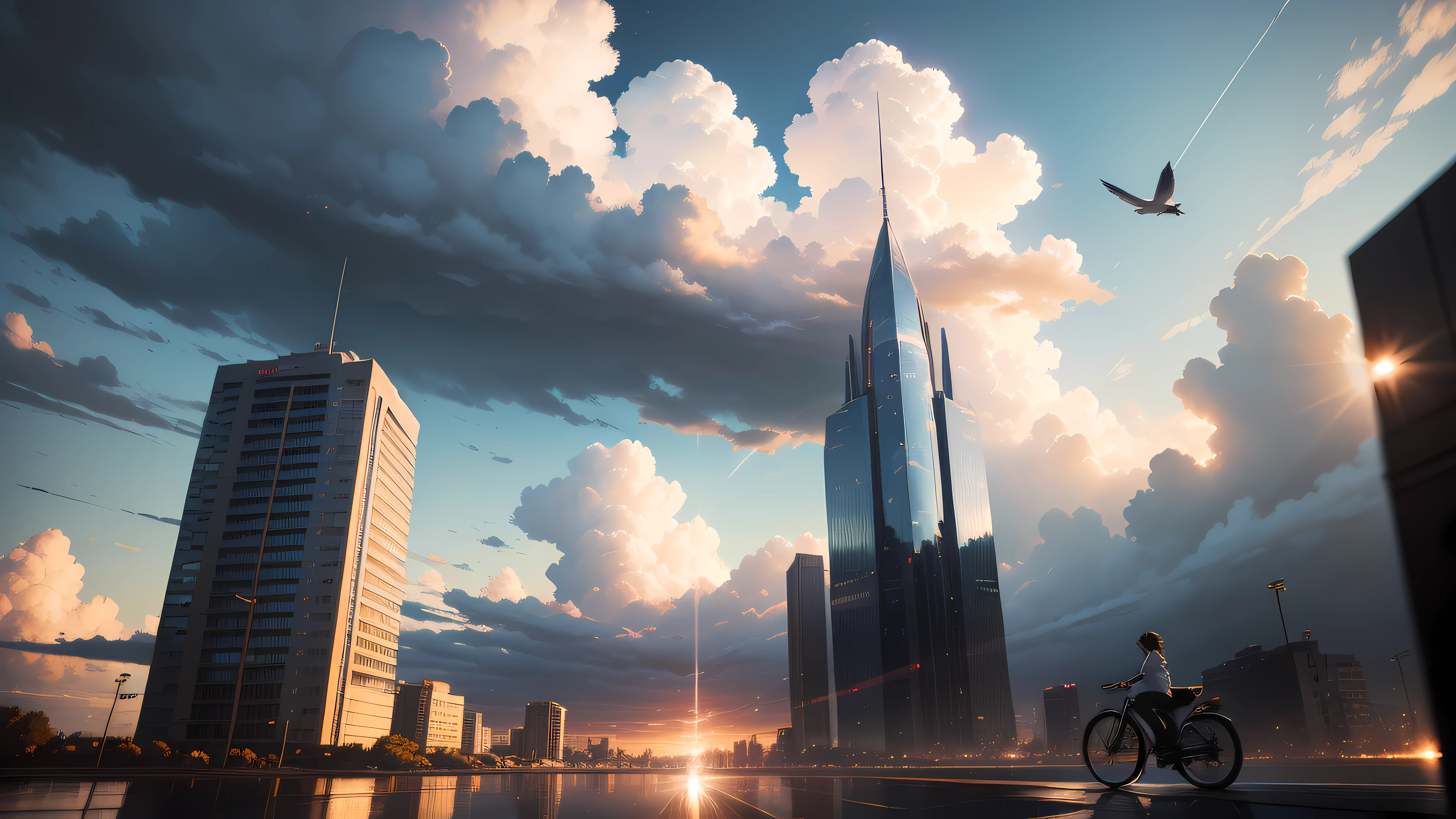 (absurderes,Hyper-Resolution,Masterpiece,Best quality,finely detailed,absurderes:1.2), Dramaticlight, dramatic lighting, Cinematic, Anime landscapes, Makoto Shinkai, Guibli, Fantasy world, magical, Beautiful sky, Clouds, Building, bikes, Aircraft trajectory, Birds, Dramatic lighting, Cinematic lighting, the night, Warm sun, street, Depth of field, Lens flare, Realistic sky, realistic cloud, Detailed background, Ultra photo realsisim, Super detail