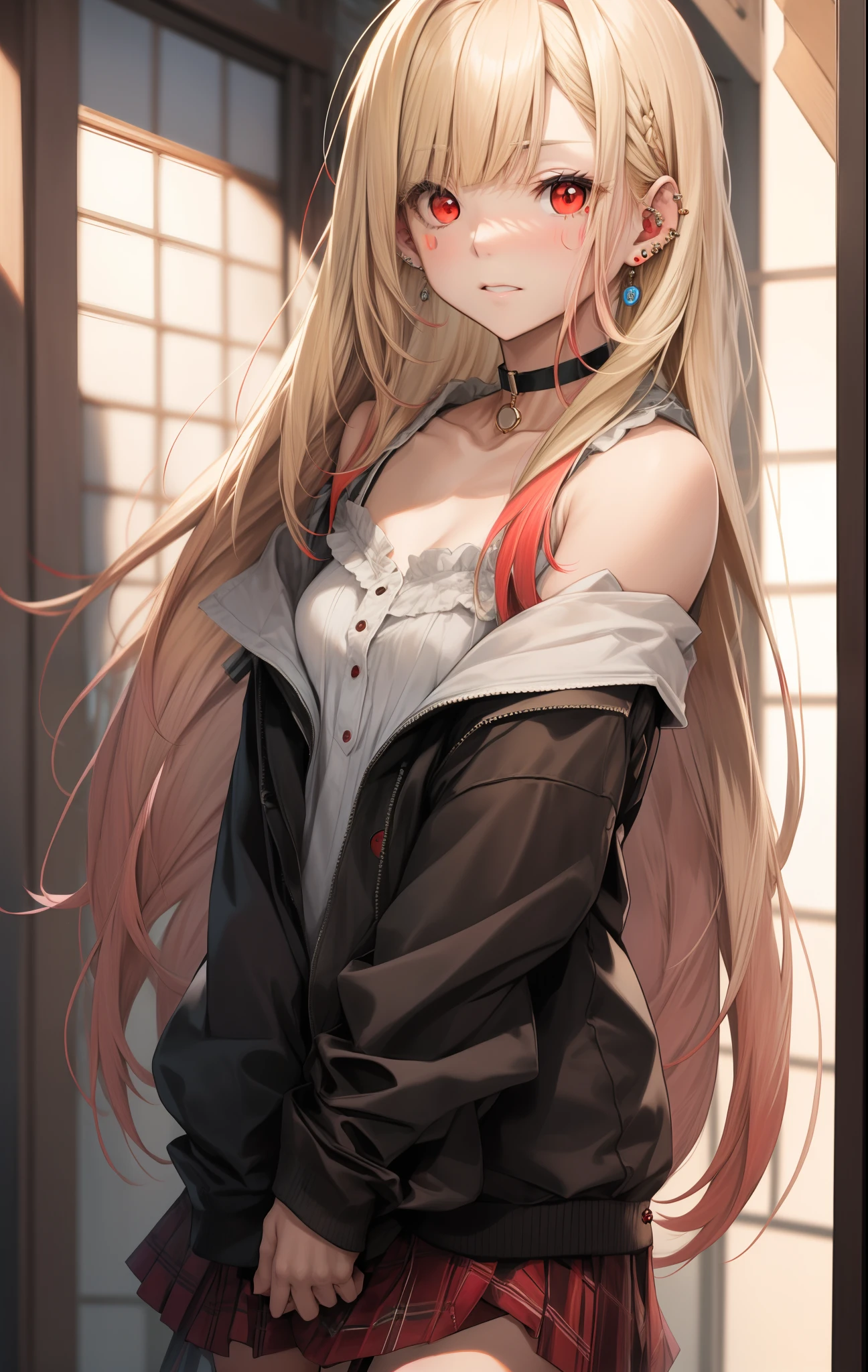 marin kitagawa, blonde hair, choker, ear piercing, earrings, long hair, piercing, (red eyes:1.5), straight hair, swept bangs,