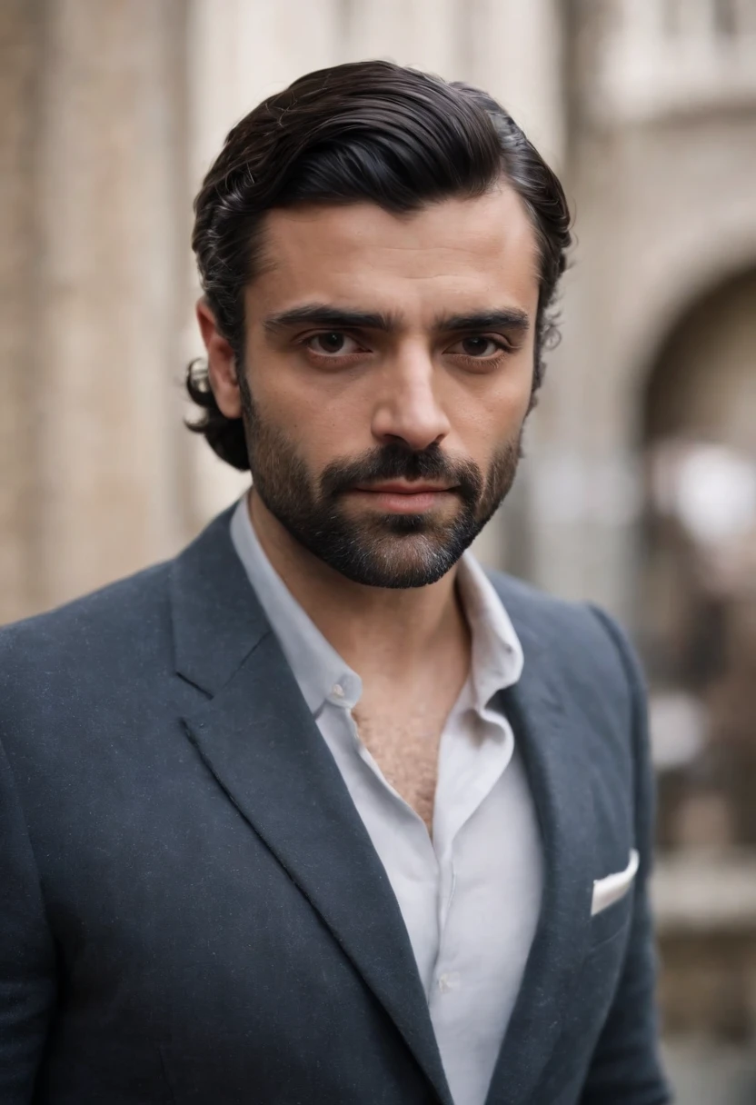 Oscar isaac,as a prince, vestindo roupas da realeza,coroa de prata com um cristal de turmalina. Olhos vidrados,uma capa real. Um manto de pelagem de lobo.
