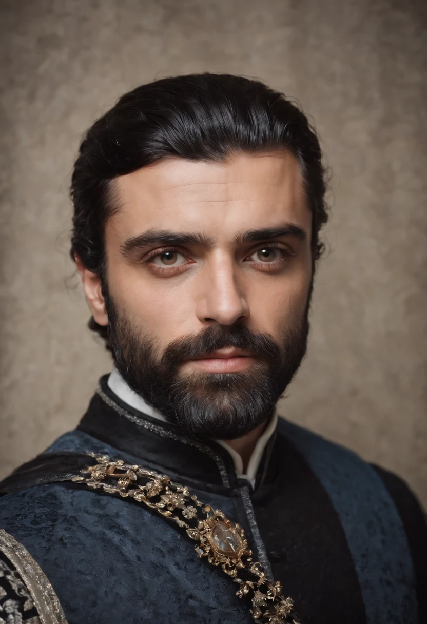 Oscar isaac,as a prince, vestindo roupas da realeza,coroa de prata com um cristal de turmalina. Olhos vidrados,uma capa real. Um manto de pelagem de lobo.