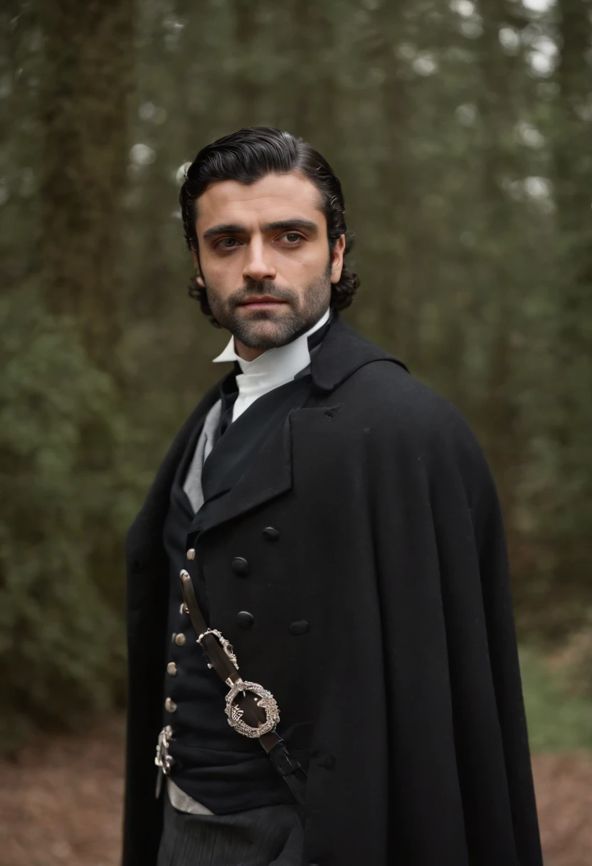 Oscar isaac,as a prince, vestindo roupas da realeza,coroa de prata com um cristal de turmalina. Olhos vidrados,uma capa real. Um manto de pelagem de lobo.