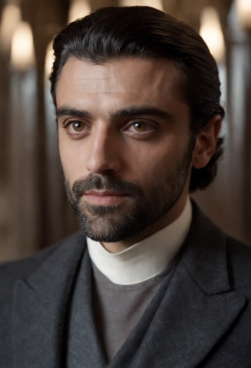Oscar isaac,as a prince, vestindo roupas da realeza,coroa de prata com um cristal de turmalina. Olhos vidrados,uma capa real. Um manto de pelagem de lobo.