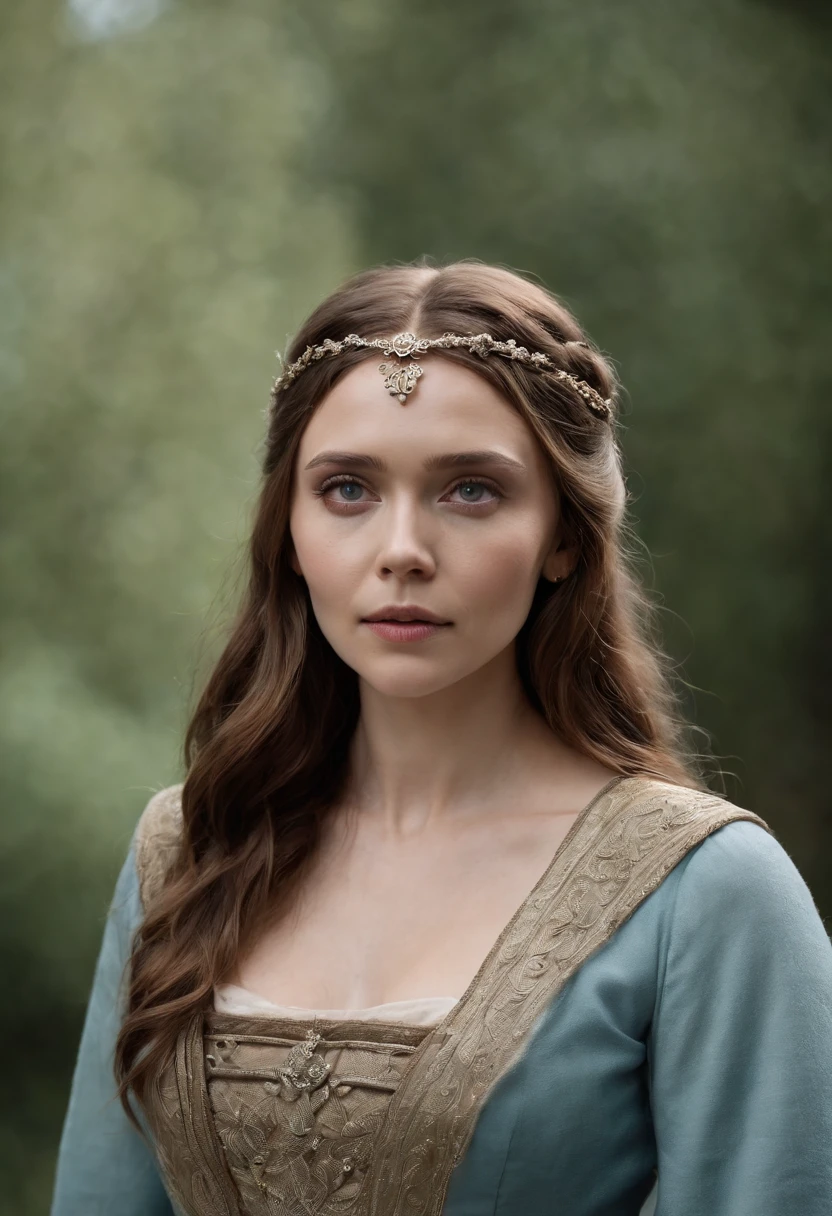 Elizabeth olsen como uma feiticeira rpg medieval,poderesa bruxa,com uma capa azul claro,e cabelos negros e ondulados e grandes,um vestido longo e olhos esmeralda. Dark mundo sombrio. Bruxa do mal.