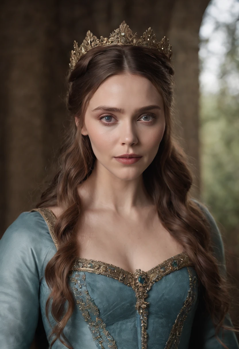 Elizabeth olsen como uma feiticeira rpg medieval,poderesa bruxa,com uma capa azul claro,e cabelos negros e ondulados e grandes,um vestido longo e olhos esmeralda. Dark mundo sombrio. Bruxa do mal.