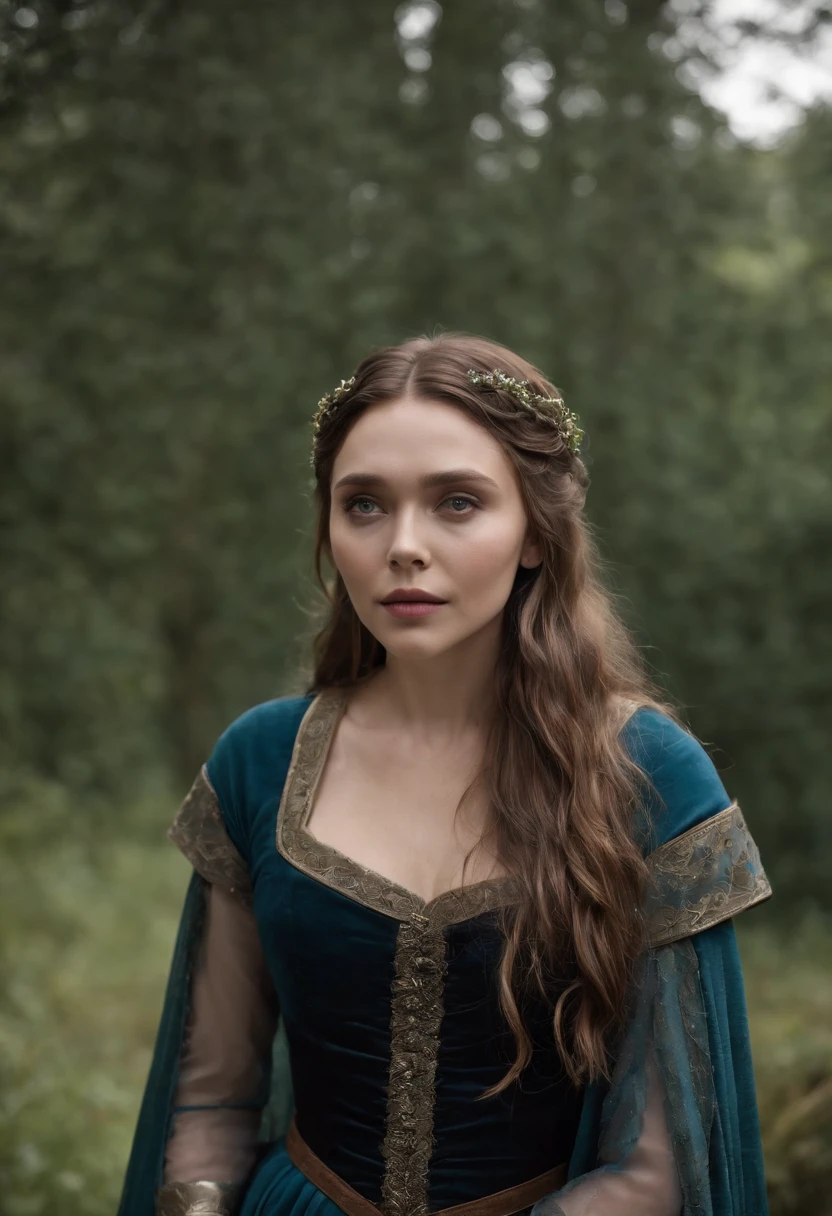 Elizabeth olsen como uma feiticeira rpg medieval,poderesa bruxa,com uma capa azul claro,e cabelos negros e ondulados e grandes,um vestido longo e olhos esmeralda. Dark mundo sombrio. Bruxa do mal.