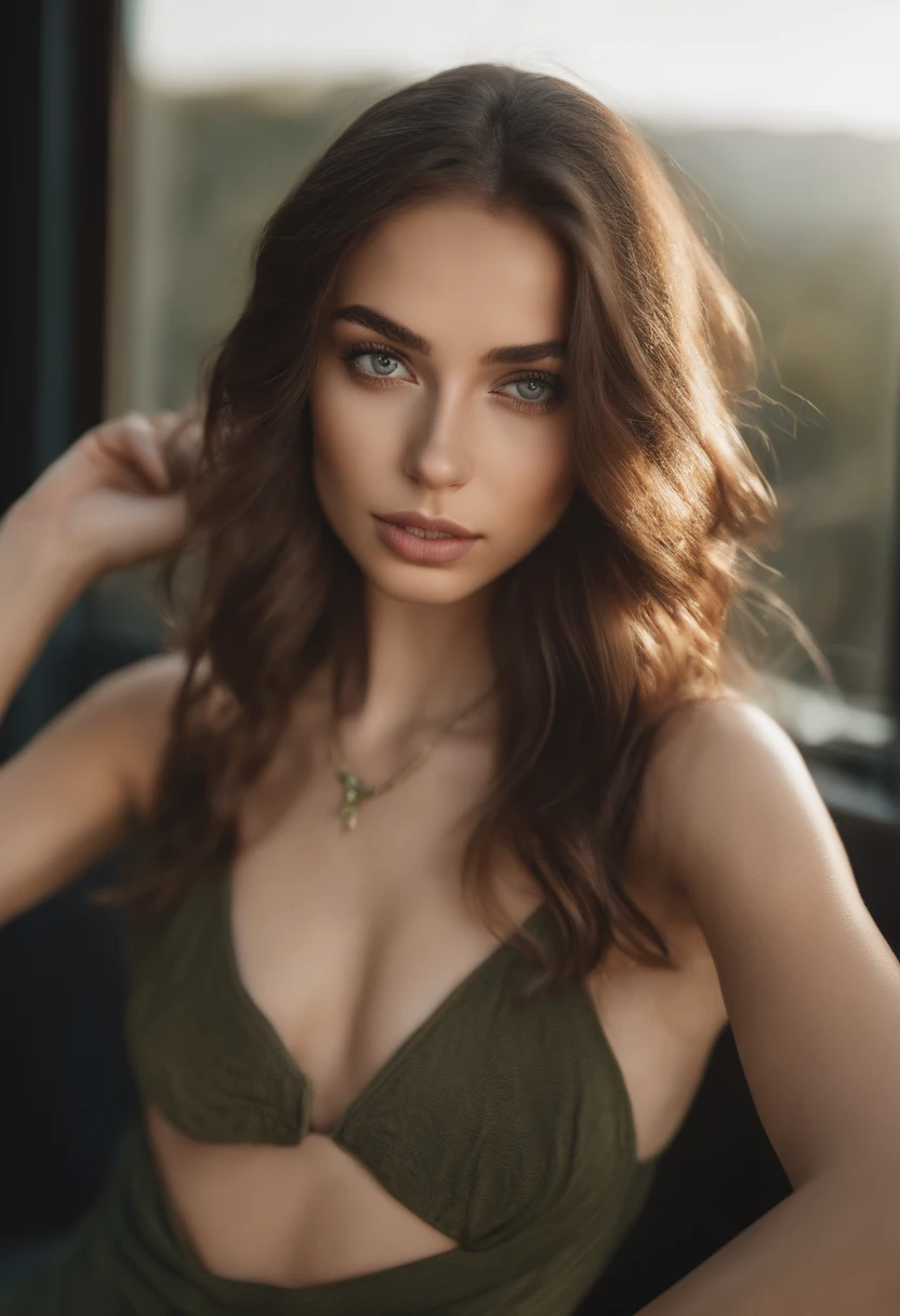 arafed woman with  a necklace, sexy girl with green eyes, portrait sophie mudd, brown hair and large eyes, selfie of a young woman, bedroom eyes, violet myers, without makeup, natural makeup, looking directly at the camera, face with artgram, subtle makeup, stunning full body shot, piercing green eyes, white bra