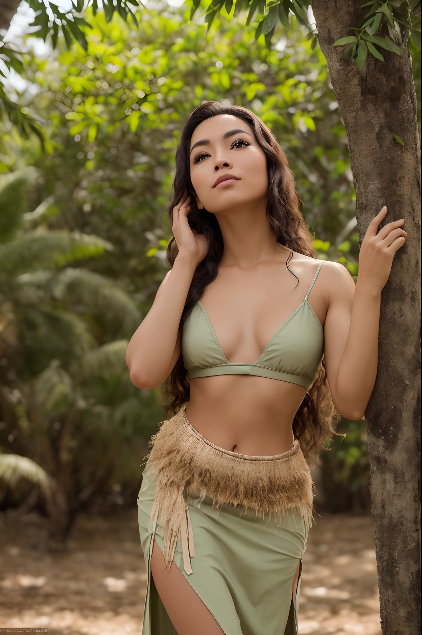 beautiful woman 18 anos  young indigenous Brazilian, cabelo muito longo e liso, muito liso , Typical dress two indigenous, roupa tapando os seios, muita roupa armadura verde escura, rosto de lado, looking at a tree, talking to the tree, feeling of well-being and gratitude, estado meditativo, looking at tree, emocionada, expression of happiness and thrill, em uma floresta tropical, (RAW, analogue, Nikon Z 85mm, fotografia glamourosa premiada, ((melhor qualidade)), ((obra-prima)), ((realista)), luz radiante raios, alta resolução, detalhes faciais detalhados, alto detalhe, foco nítido, suave, aesthetic, extremamente detalhado, olhos extremamente detalhados, corpo extremamente detalhado, pele extremamente detalhada, roupas extremamente detalhadas e muita roupa, octane rendering, foto_\(ultra\), fotorrealista, realista , Post-processing, maximum detail, sombras realistas, aspereza, textura natural da pele, vida real, ultra realista, fotorrealismo, fotografia, 8k uhd, fotografia, hdr, intrincado, elegante, altamente detalhado, foco nítido, raios de luz radiantes), ( (Distopia, [sci-fi], Foto colorida RAW de alto detalhe, Plano completo, ao ar livre), toned physique, rosto perfeito, (pele detalhada, poros difusos da pele), metal, (altamente detalhado, detalhes finos, intrincado), (lente flare:0.5), (bloom:0.5), smog, dust, (badlands:0.8), (observitory:0.7), raytracing, specular illumination, profundidade de campo rasa, fotografado em uma lente Sony Alpha 1, EF 85mm, f/ 2.8, Rigid focus, suave, film still cinematic)