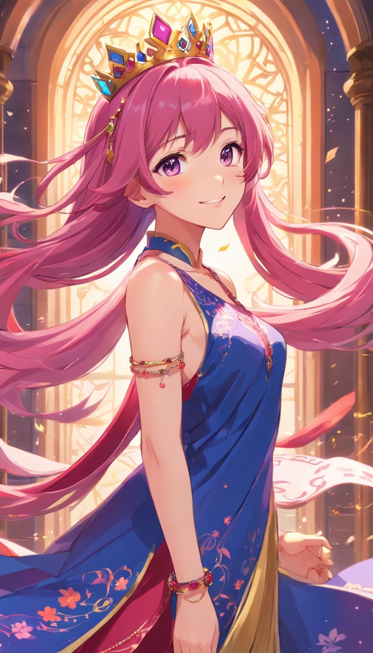 beautiful, happy princess, pink hair, wearing flowing dress in rich hues of deep pink and royal blue, adorned with intricate patterns that hinted at her connection to ancient magic, reflection of her enigmatic nature, smiling confidentially, wearing jewel necklace, magical bracelets, marvelous crown, purple pants brilliant texture work,