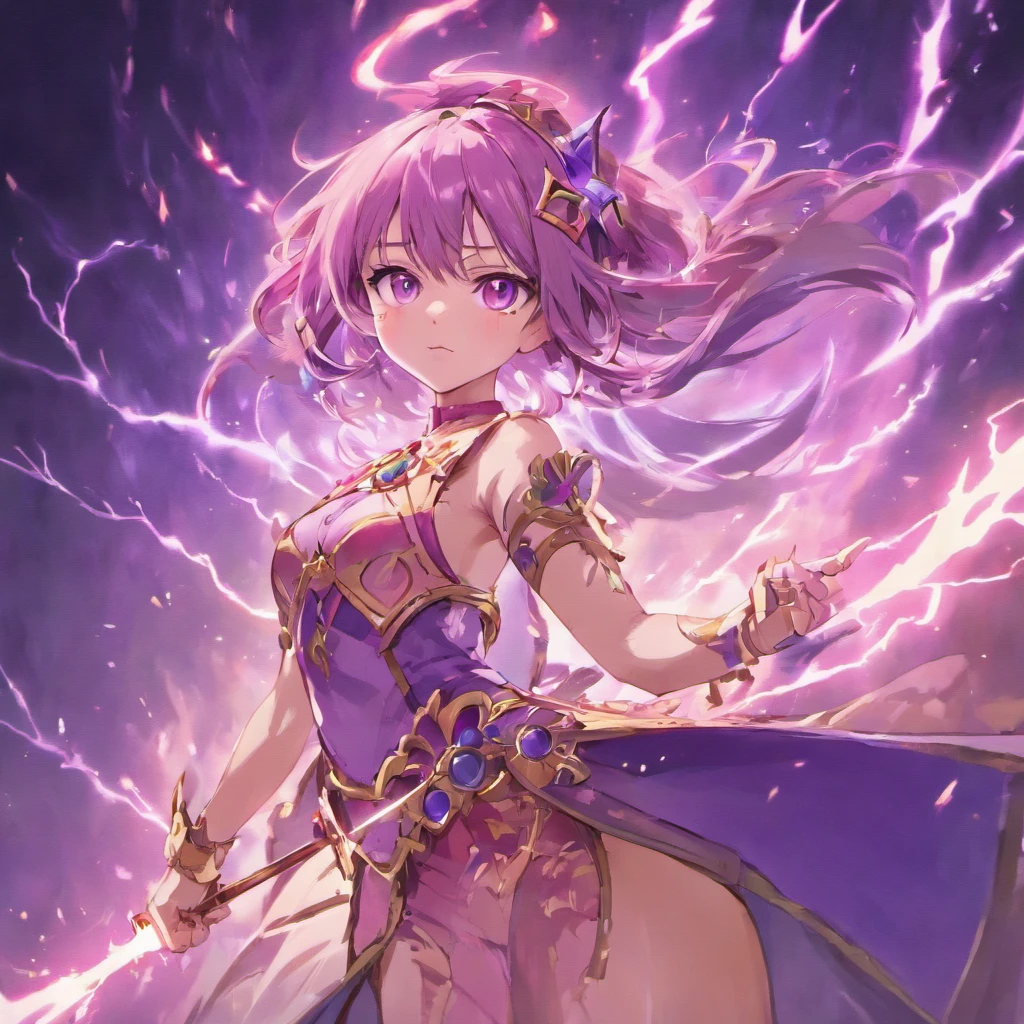 Japanese empress with purple clothes, small purple lightning bolts around her and a sword in the form of a purple lightning bolt in her right hand, looking from above, lilac eyes, yellow pupils, dark purple hair with small purple streaks, brown heels, big boobs, tall height