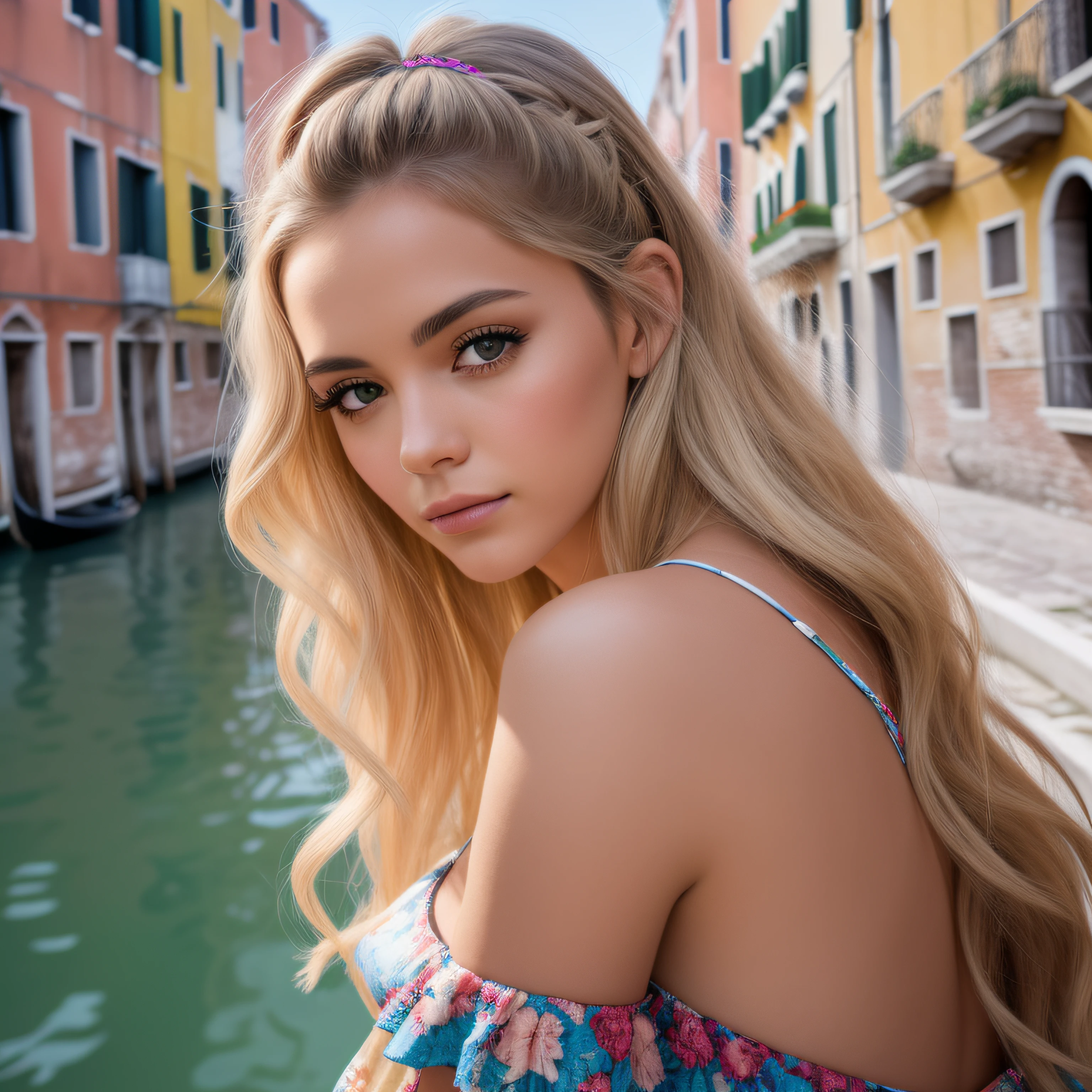 Uma mulher jovem e bonita, blonde hair that falls gently in waves up to the shoulders, altura mediana, olhos grandes e verdes, pele clara, She is in the famous gondolas of venice, roupas despojadas e floridas, She's right in front of the camera, She has her lips closed, she's looking at the camera, foto de corpo inteiro, Sunlight enhances your hair, seu semblante esta naturalmente sereno, half-open lips, Textura 8K, altamente detalhados, realista, soft Cinematic Light, HDR, foco nítido, obra-prima, fotorrealista, fotografia premiada, Canon EOS R5, 35 mm.