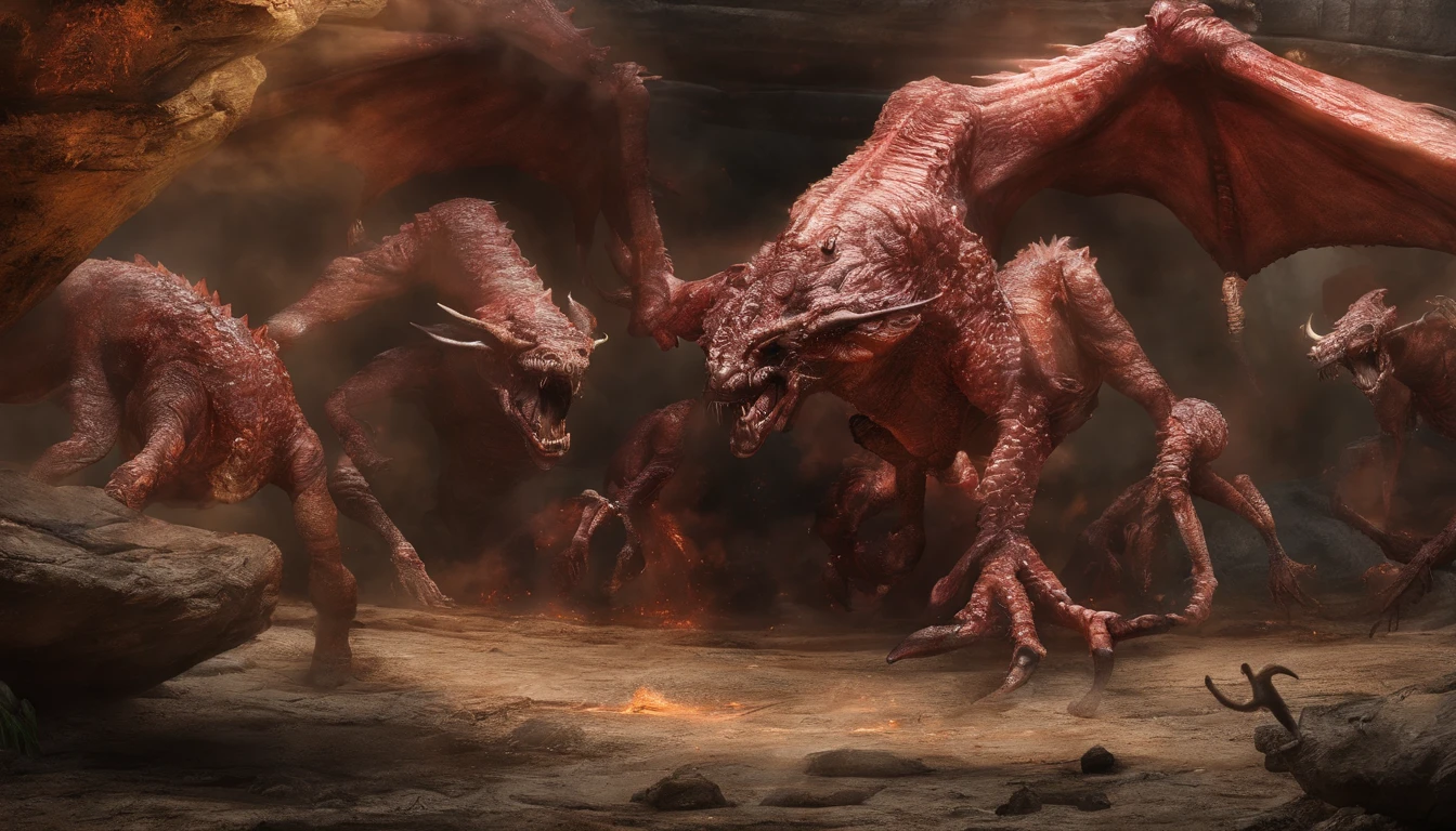 criar uma imagem realista do diabo no meio do inferno, sua boca aberta vomitando lava em chamas, seus olhos e ouvidos jogando chamas;