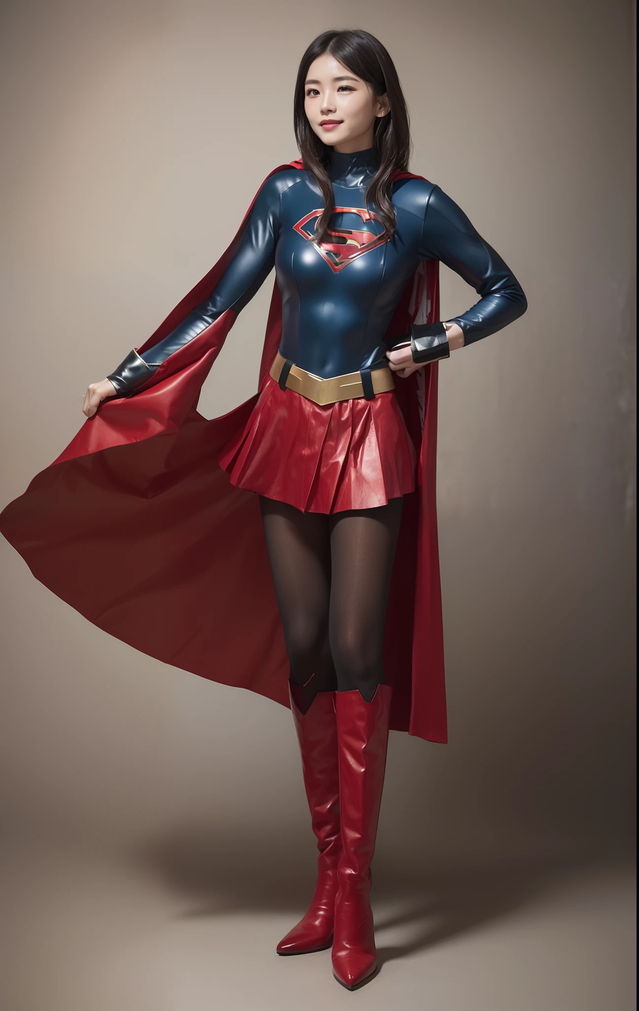 (((Make the most of the original image)))、(((Be sure to wear black tights)))、(((Supergirl Costume)))、(((lustrous dark hair)))、(((Suffering)))、(((Smiling)))、(((Be sure to wear red boots)))、(((Hung)))、((Top image quality、8K))、((top-quality、8K、masterpiece:1.3))、Crisp focus:1.2、Beautiful woman with perfect body shape:1.4、Slender Abs:1.2、((layers-Cut))、a wet body:1.5、Highly detailed facial and skin texture、Wearing red boots、